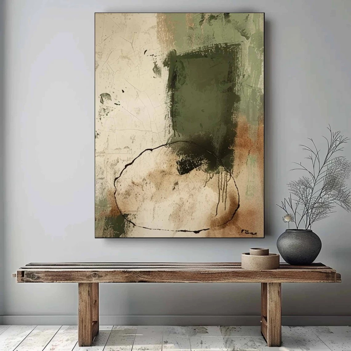 Textured Beige and Green Abstract Modern Minimalist Wall Decor #MM219