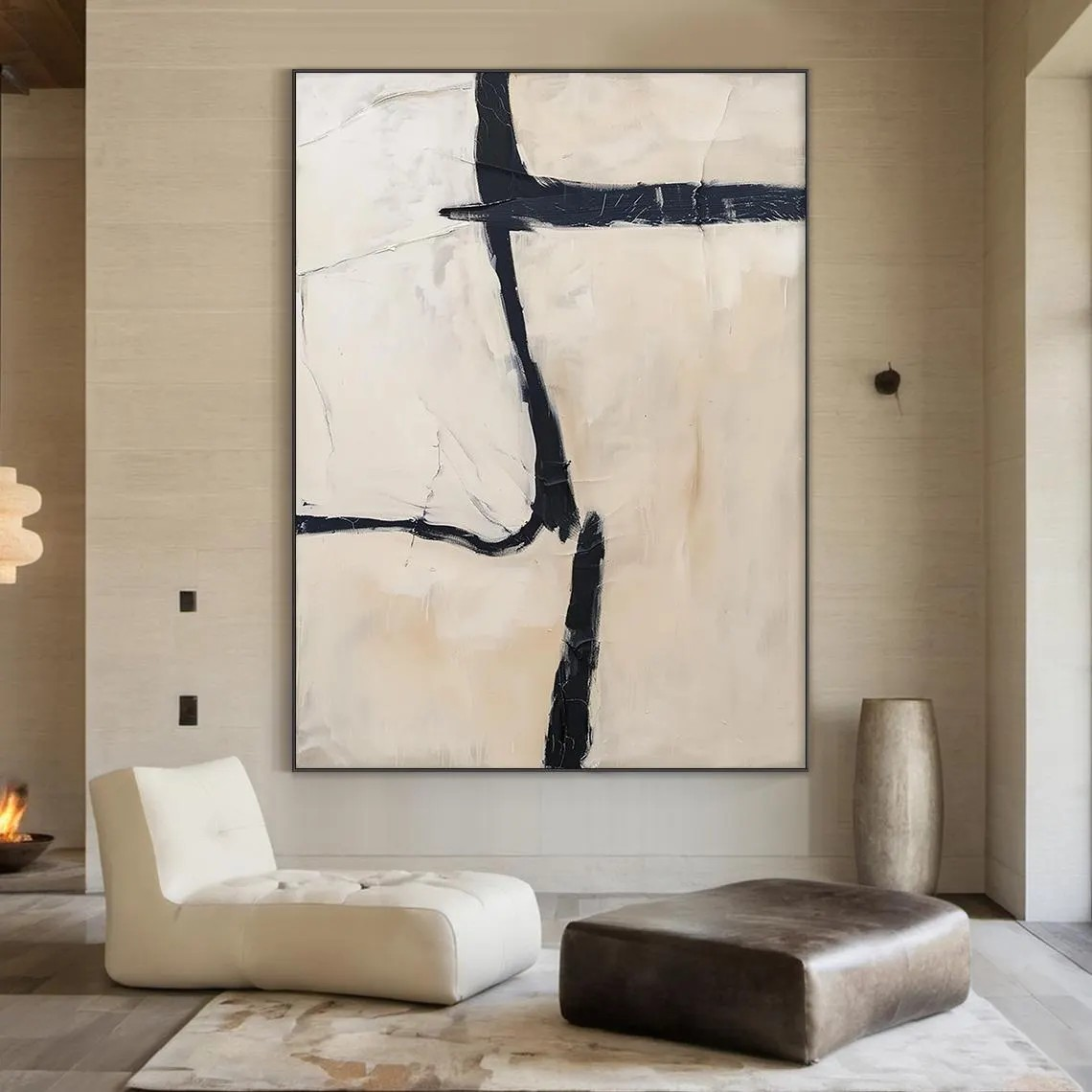 Large Minimalist Beige & Black Abstract Modern Wall Decor#MM207