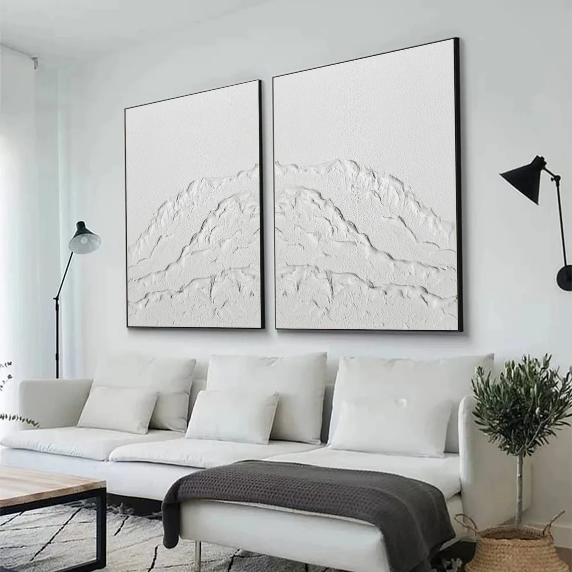 Textured White Mountainscape Oil Painting Set, Minimalist Modern Art, 3D Effect Decor#MM382