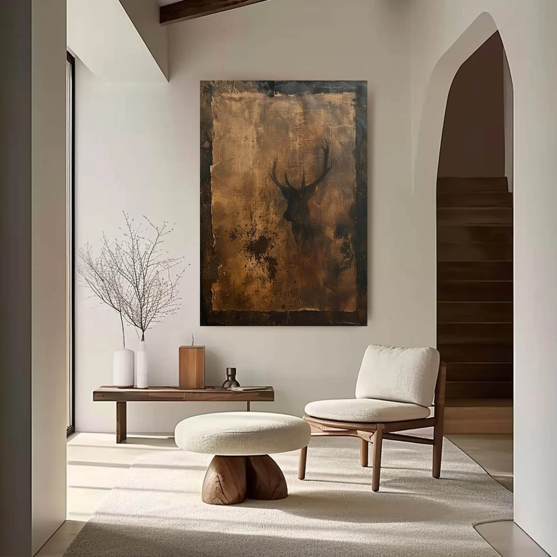 Brown Textured WABI SABI Art with Stag Modern Minimalist Wall Decor #MM216