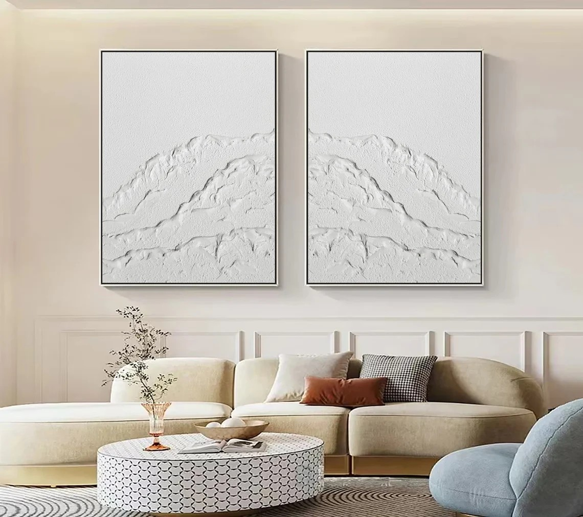 Textured White Mountainscape Oil Painting Set, Minimalist Modern Art, 3D Effect Decor#MM382