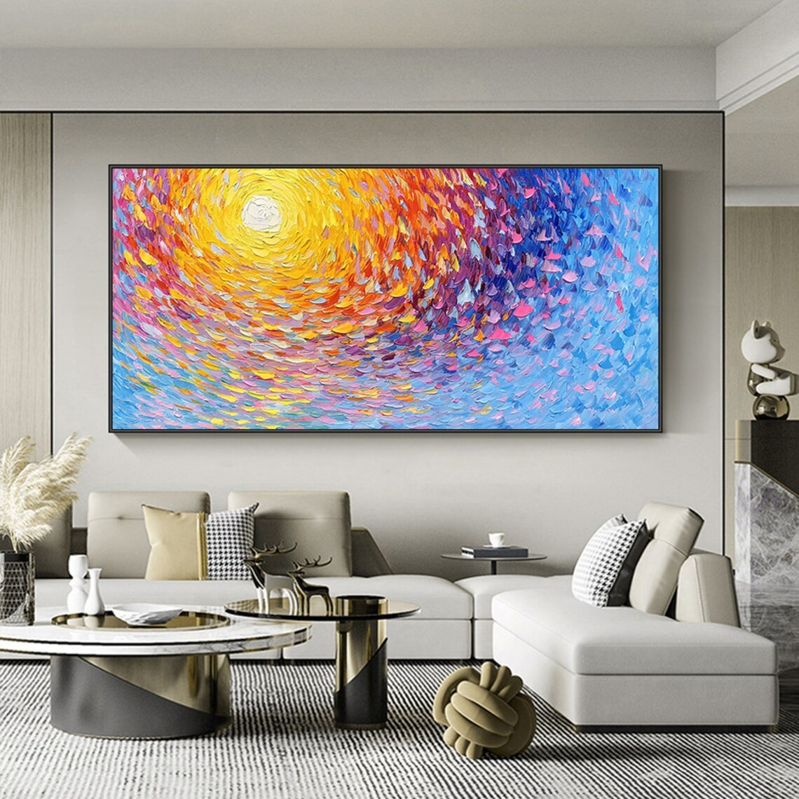 Impasto Sunrise Abstract Painting, Textured Color Burst, Modern Palette Knife Art#MM390