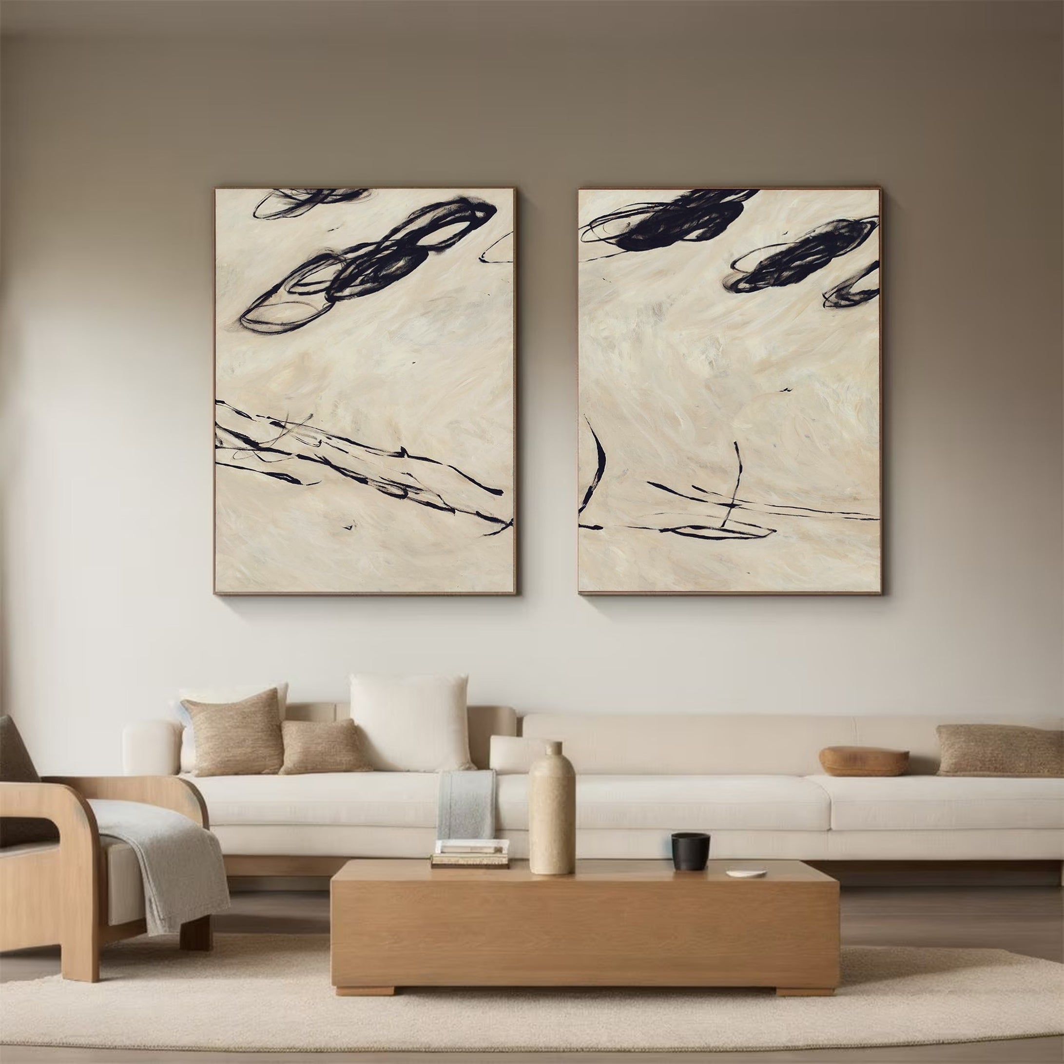 Elegant Black on Beige Abstract Art For Canvas #MMS036