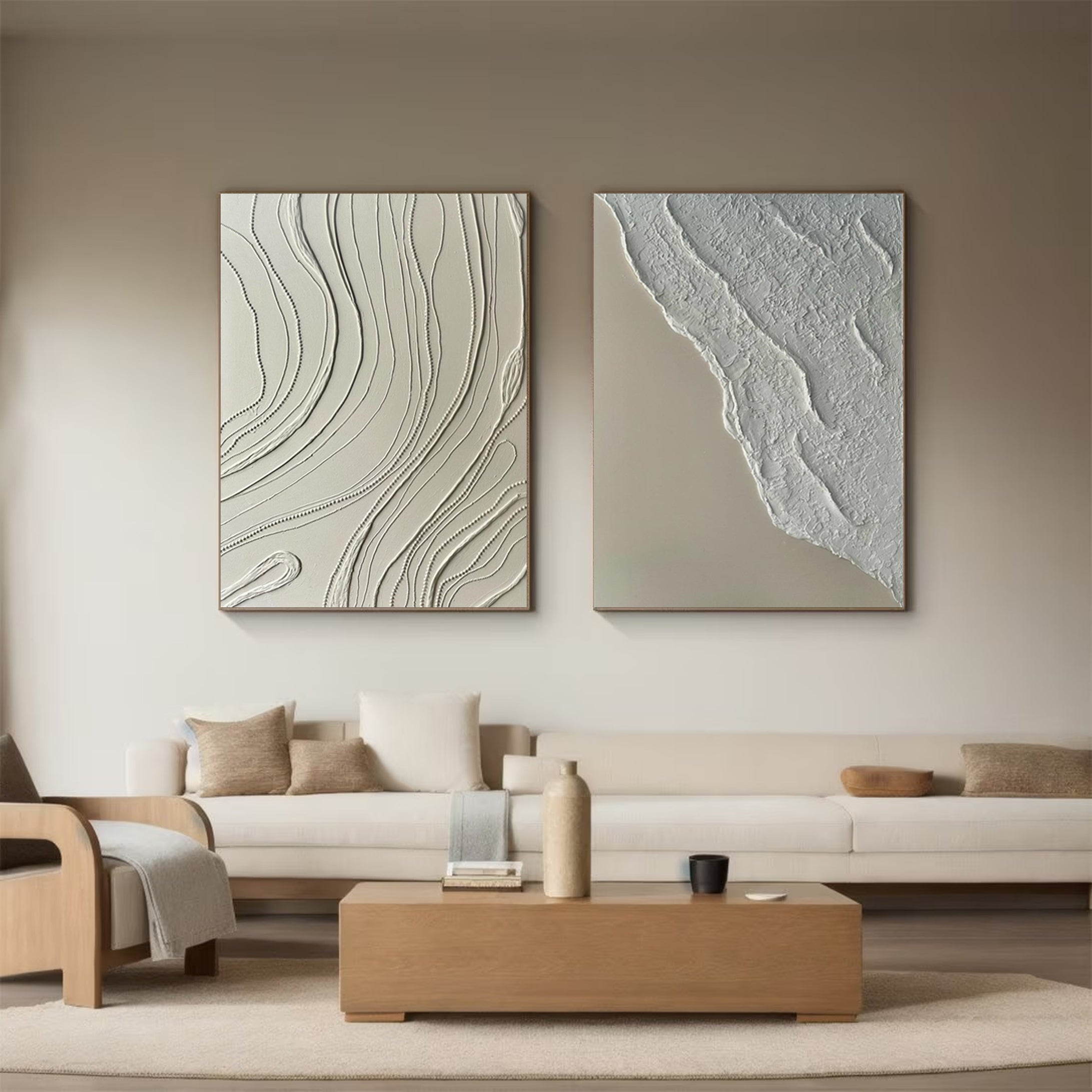 Neutral Abstract Wall Art Textured and Smooth Canvas Set #MMS050