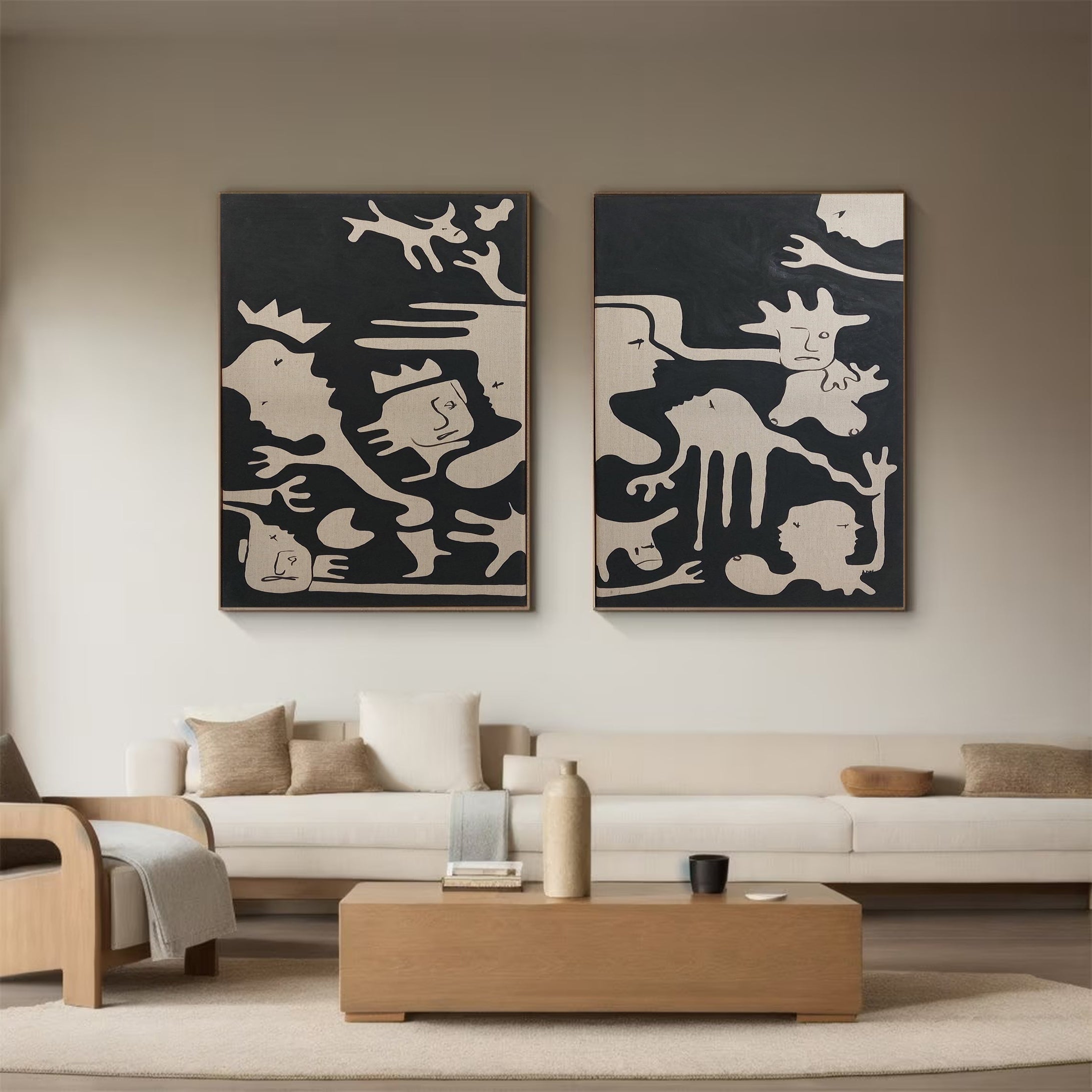 Abstract People Artwork Black and White Dual Canvas Art #MMS004