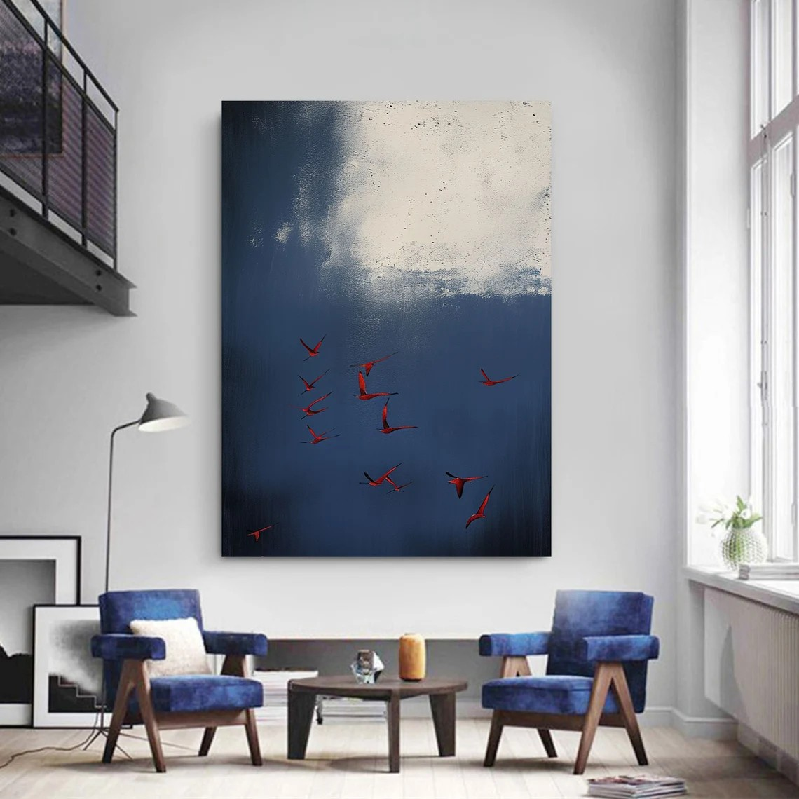 Dramatic Dark Blue Sky & Red Birds Modern Surreal Abstract Art #SP013