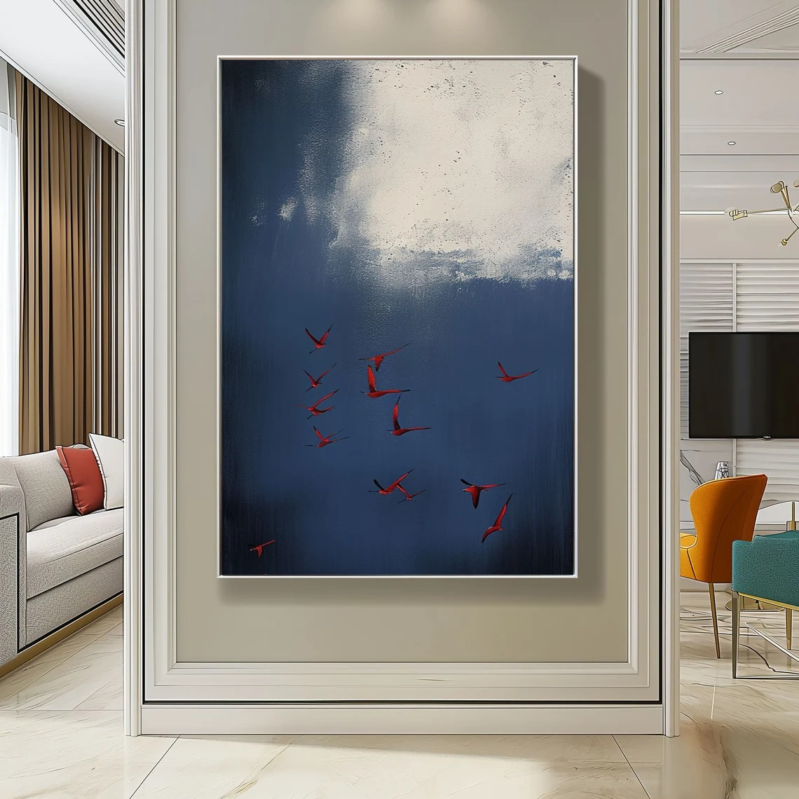 Dramatic Dark Blue Sky & Red Birds Modern Surreal Abstract Art #SP013