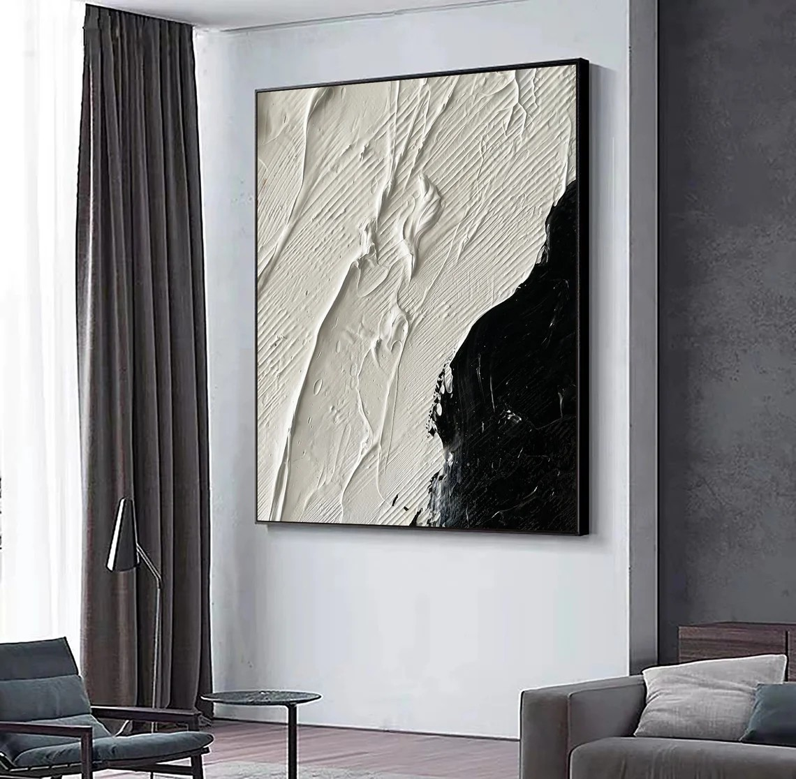 Minimalist Black and White Textured Abstract Oil Painting, Modern Wall Decor #MM378