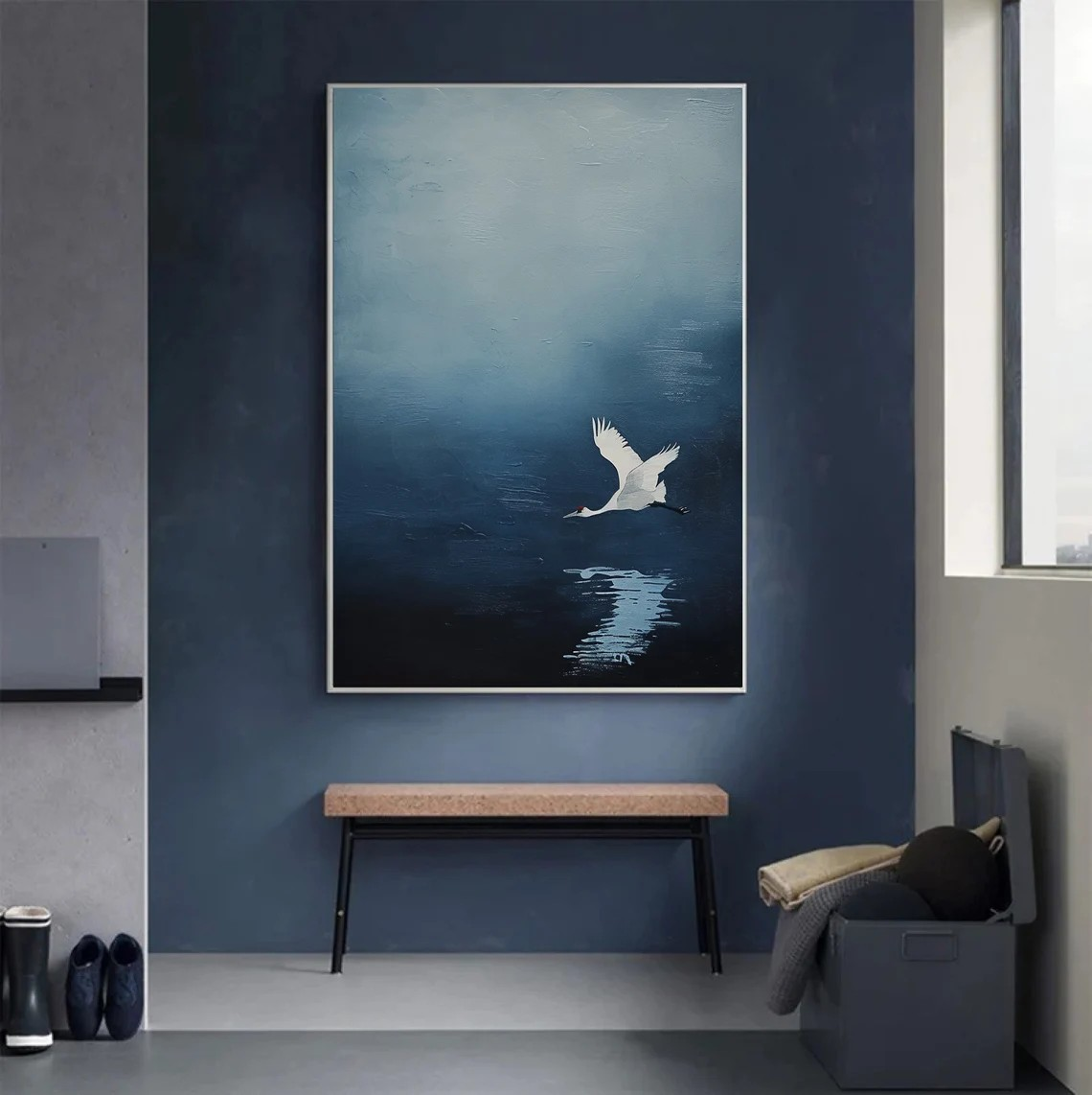 Tonalist Blue Crane in Misty Abstract Landscape #MM231