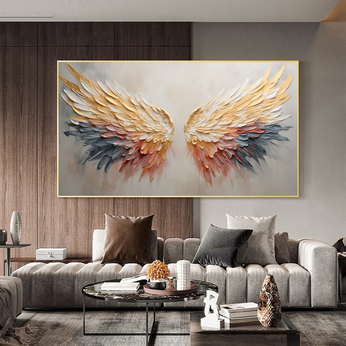 Textured Angel Wings Canvas Art, Modern Abstract Painting, Gold Accent Decor, Trending Design#MM385