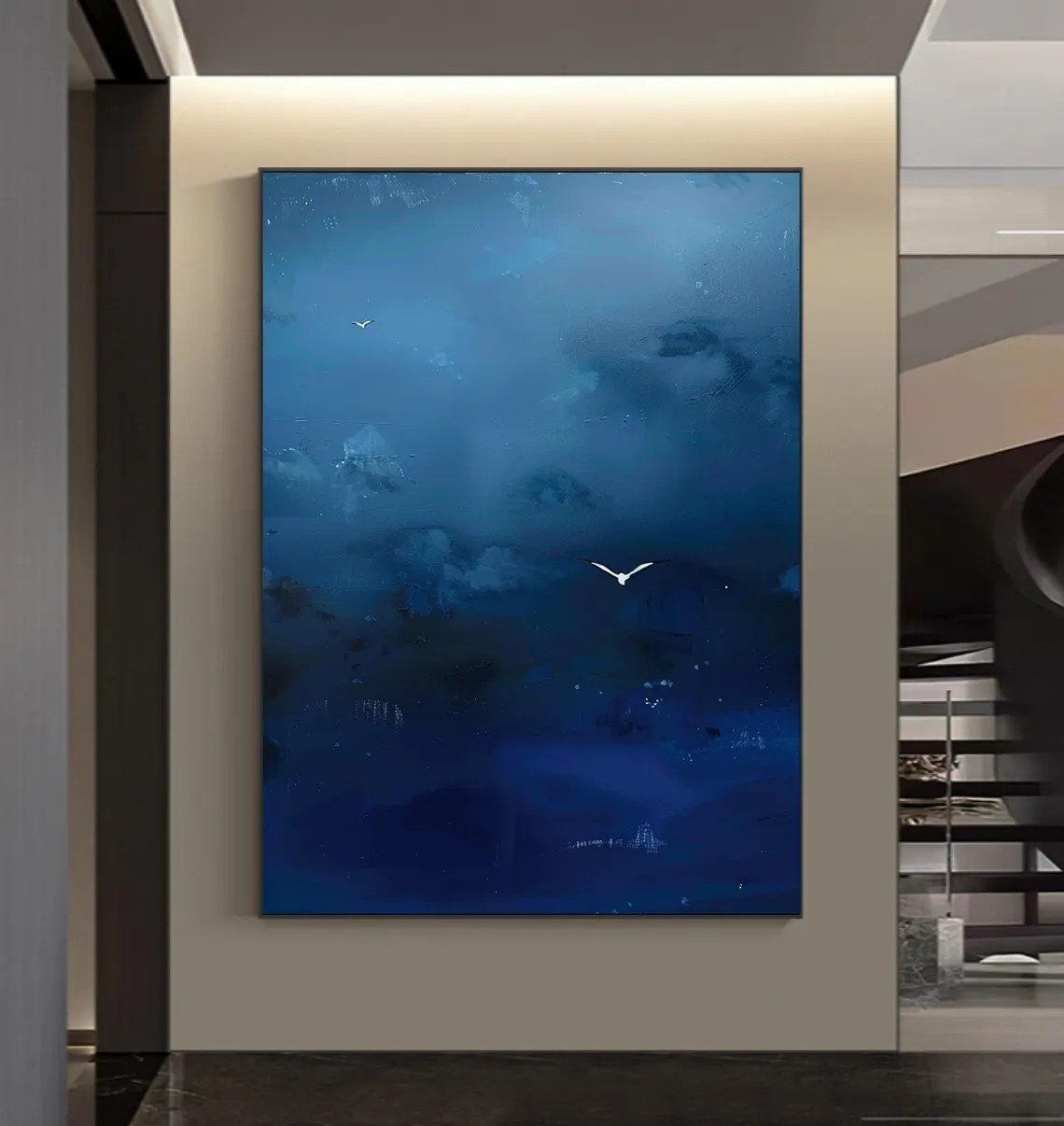 Misty Blue Tonalist Abstract Atmospheric Painting with Birds #MM245