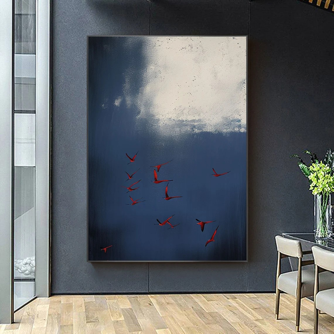 Dramatic Dark Blue Sky & Red Birds Modern Surreal Abstract Art #SP013