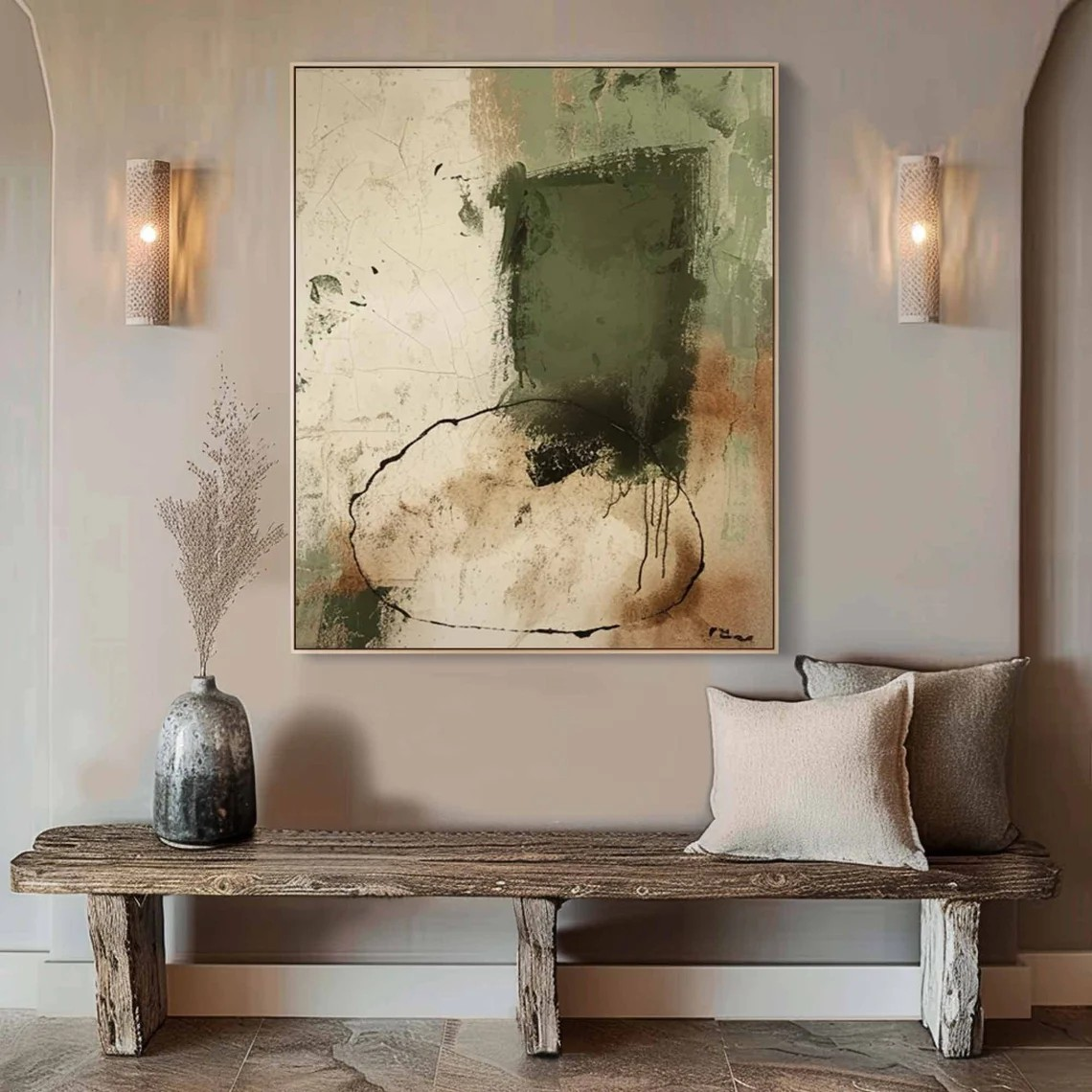 Textured Beige and Green Abstract Modern Minimalist Wall Decor #MM219