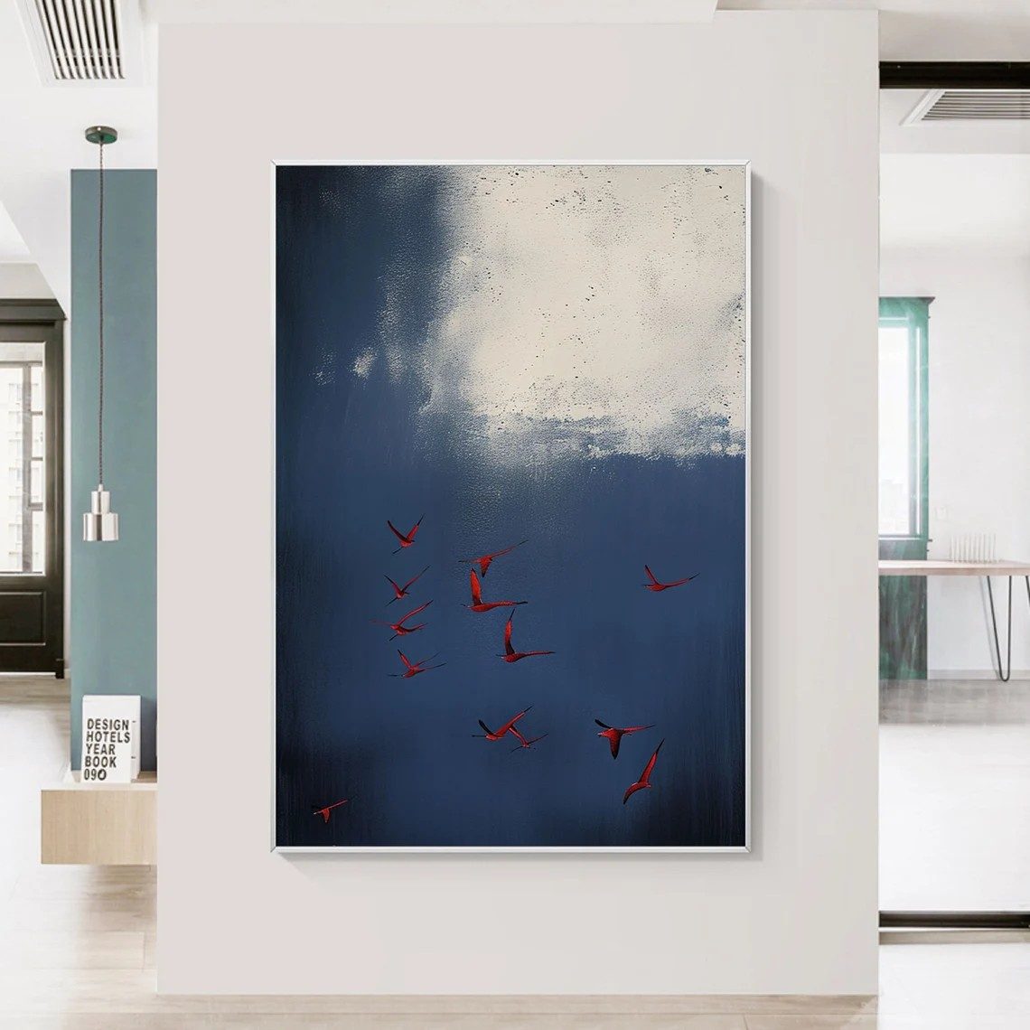 Dramatic Dark Blue Sky & Red Birds Modern Surreal Abstract Art #SP013