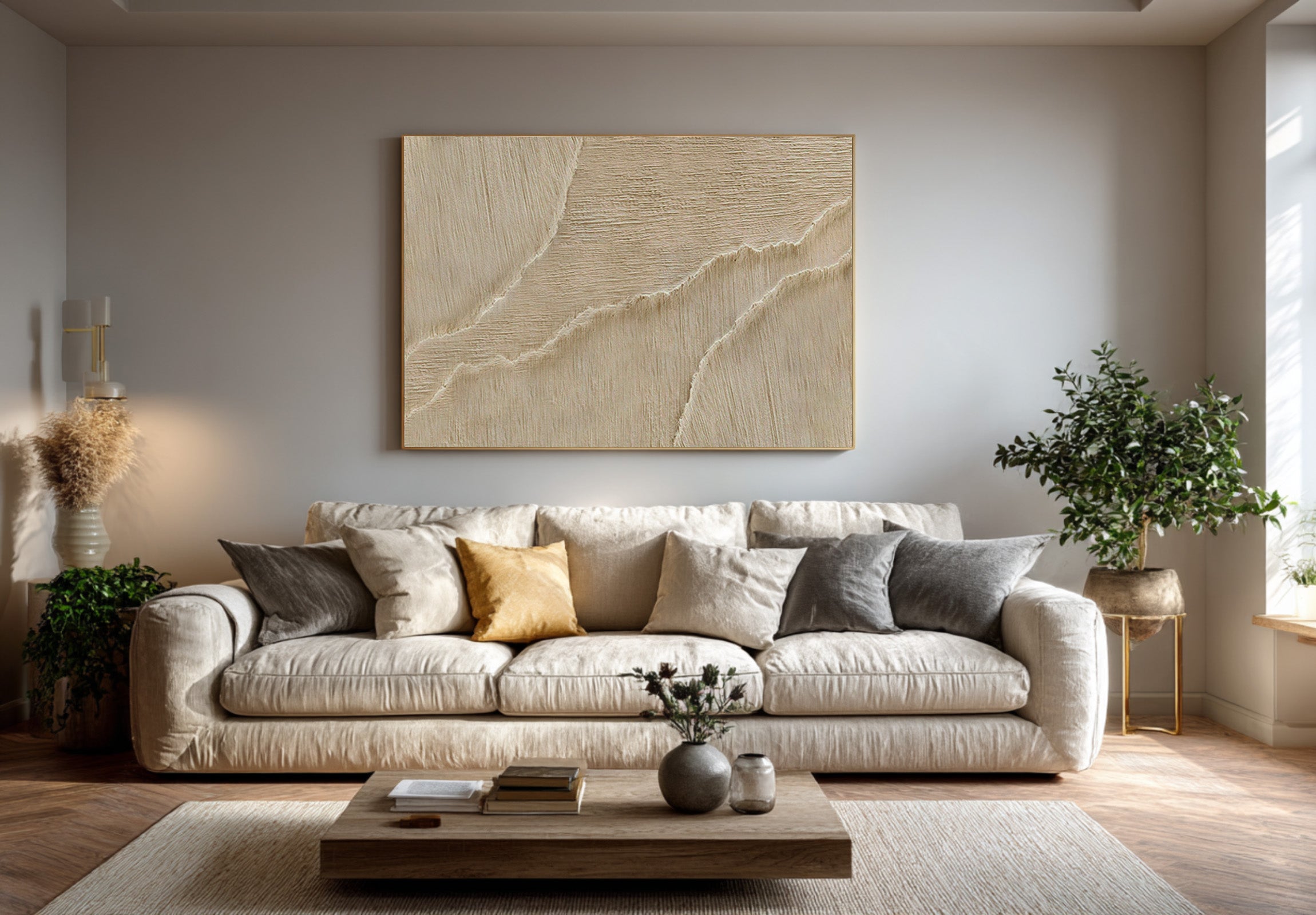 Minimalist Beige Impasto Painting - Ocean Ripple Canvas Art #AG 069