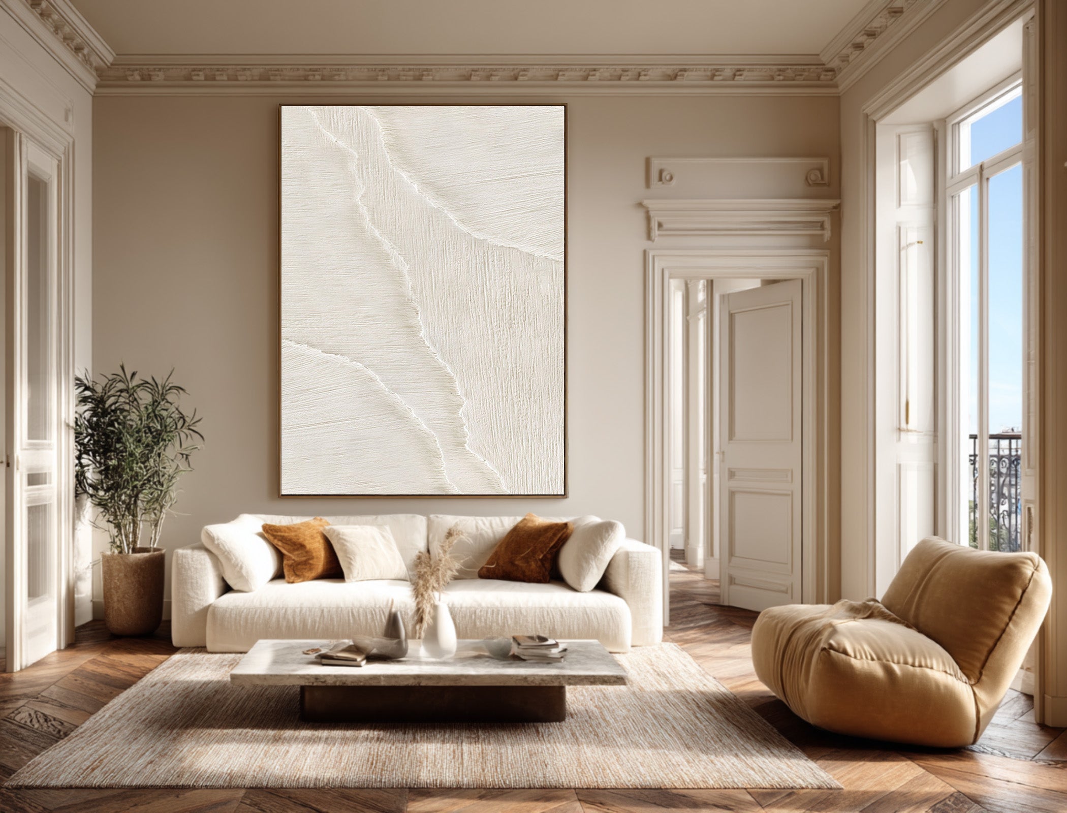 Large Beige Ripple Painting - Minimalist Entryway Art #AG 071