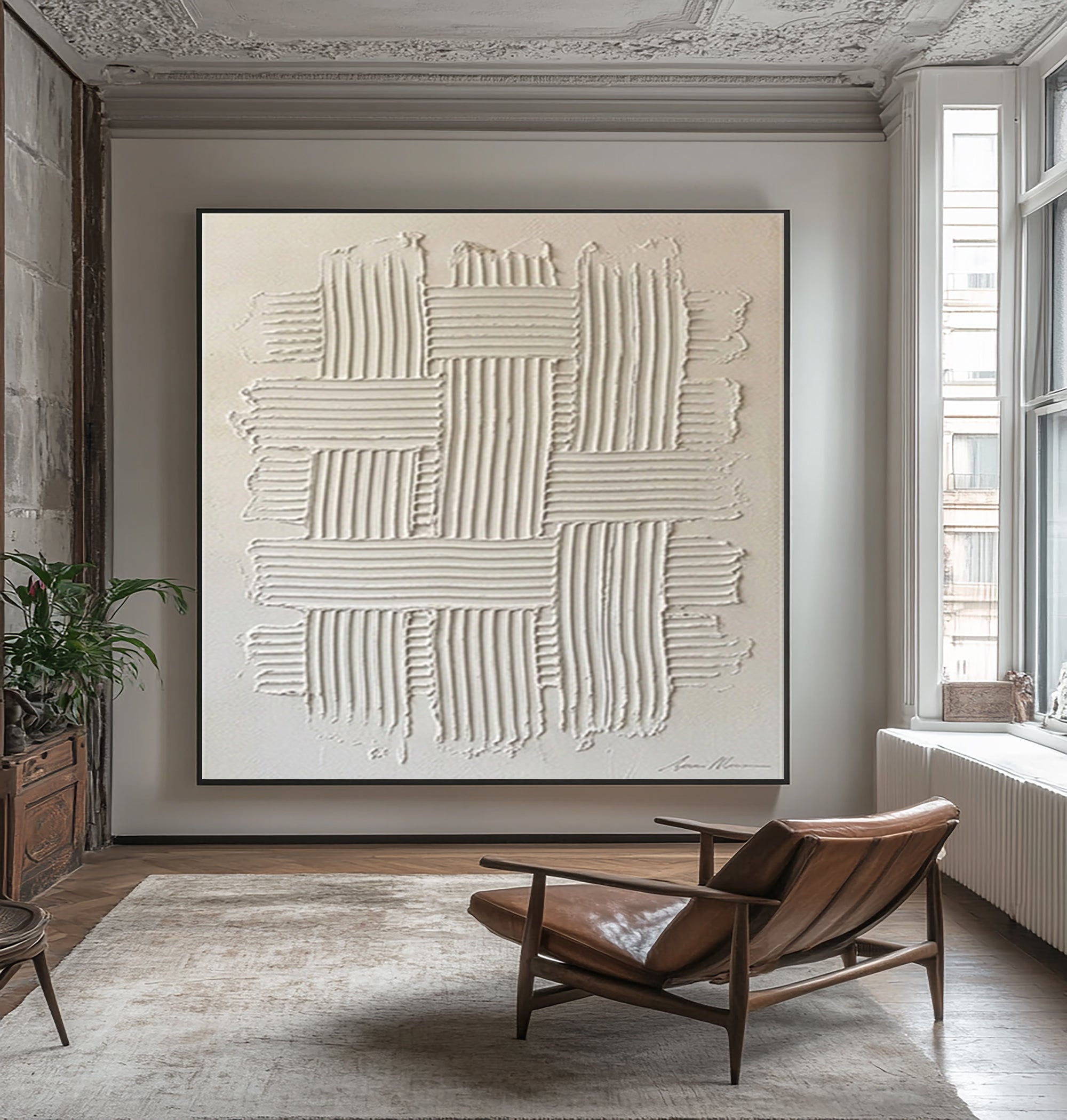 Large Modern Woven Wall Art Hand Painted Textured Neutral Canvas