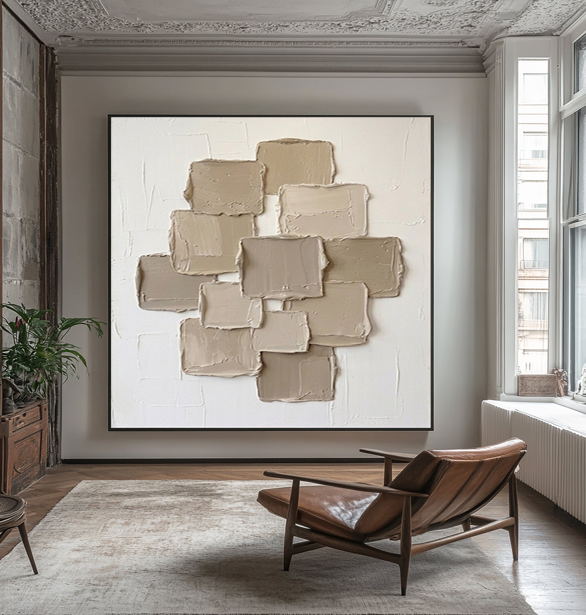 Large Contemporary Textured Wall Art Beige Geometric Canvas
