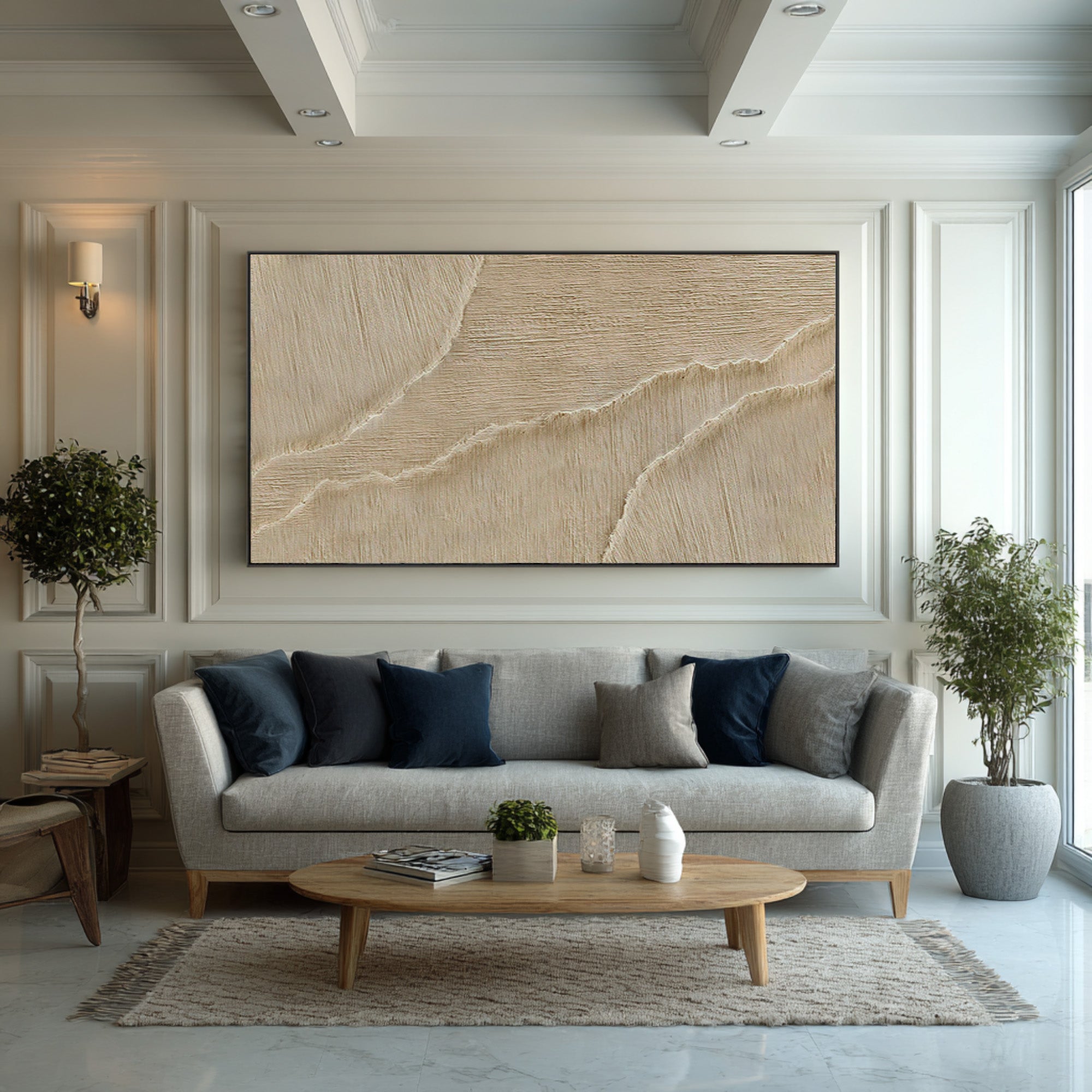 Minimalist Beige Impasto Painting - Ocean Ripple Canvas Art #AG 069
