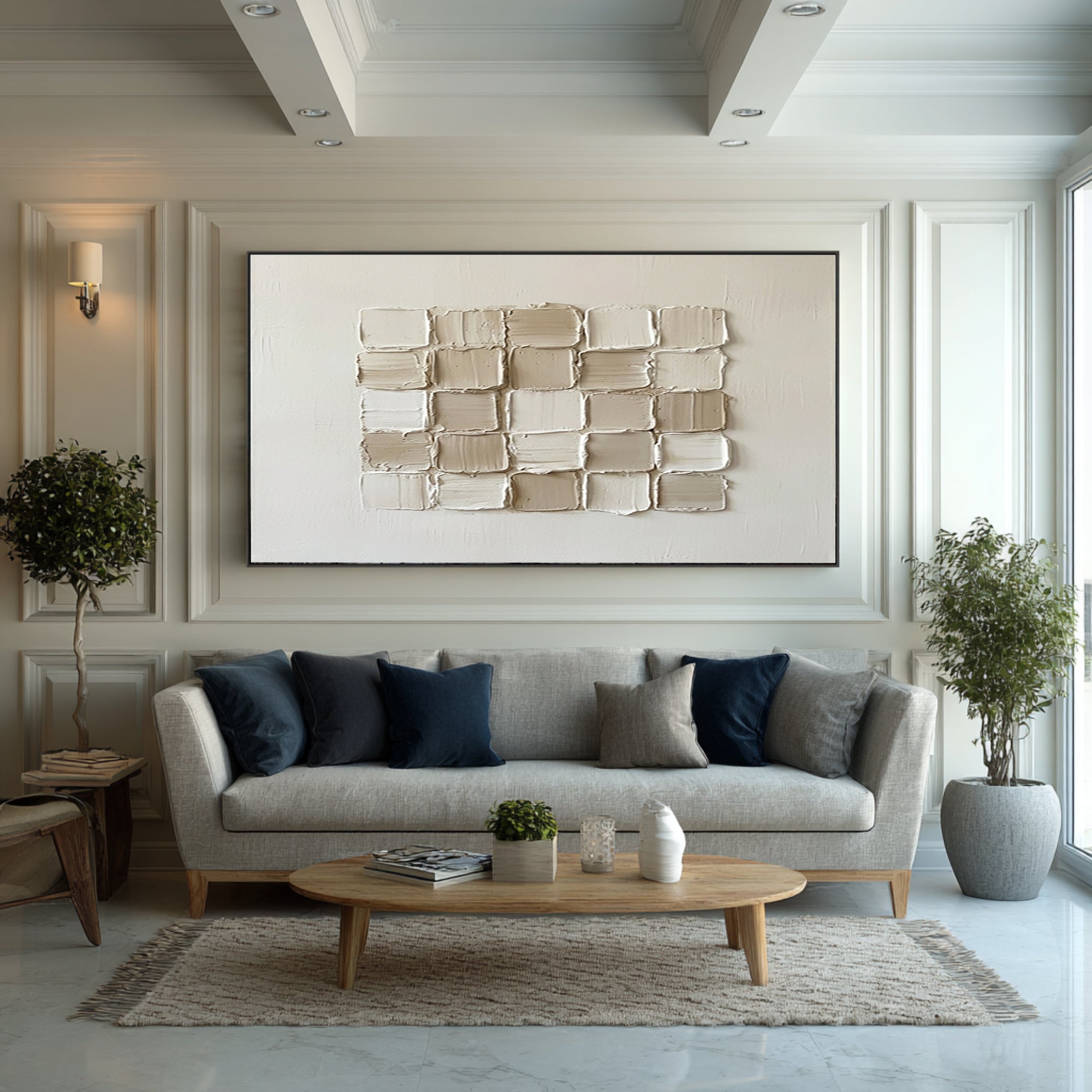 Large Ivory Textured Canvas Art Contemporary Geometric Wall Decor