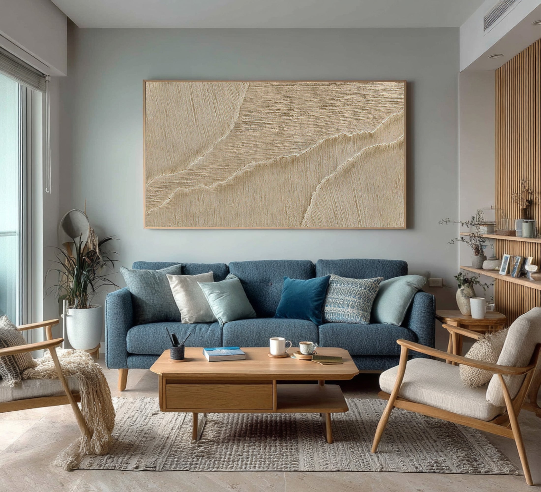 Minimalist Beige Impasto Painting - Ocean Ripple Canvas Art #AG 069