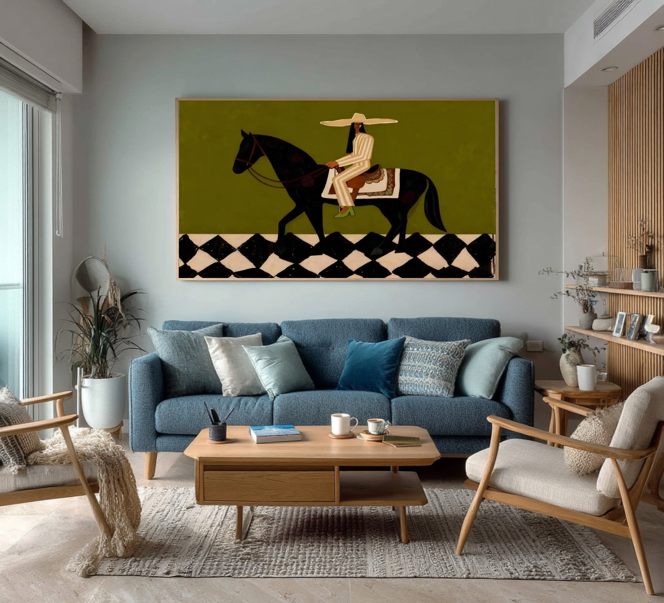 Large Abstract Equestrian Painting Green Horse Rider Wall Art