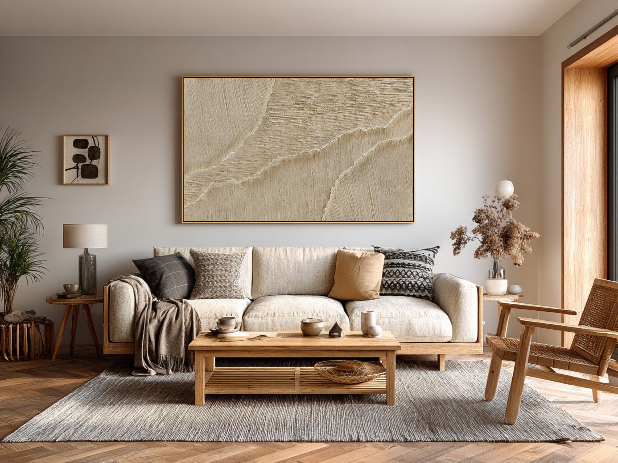 Minimalist Beige Impasto Painting - Ocean Ripple Canvas Art #AG 069