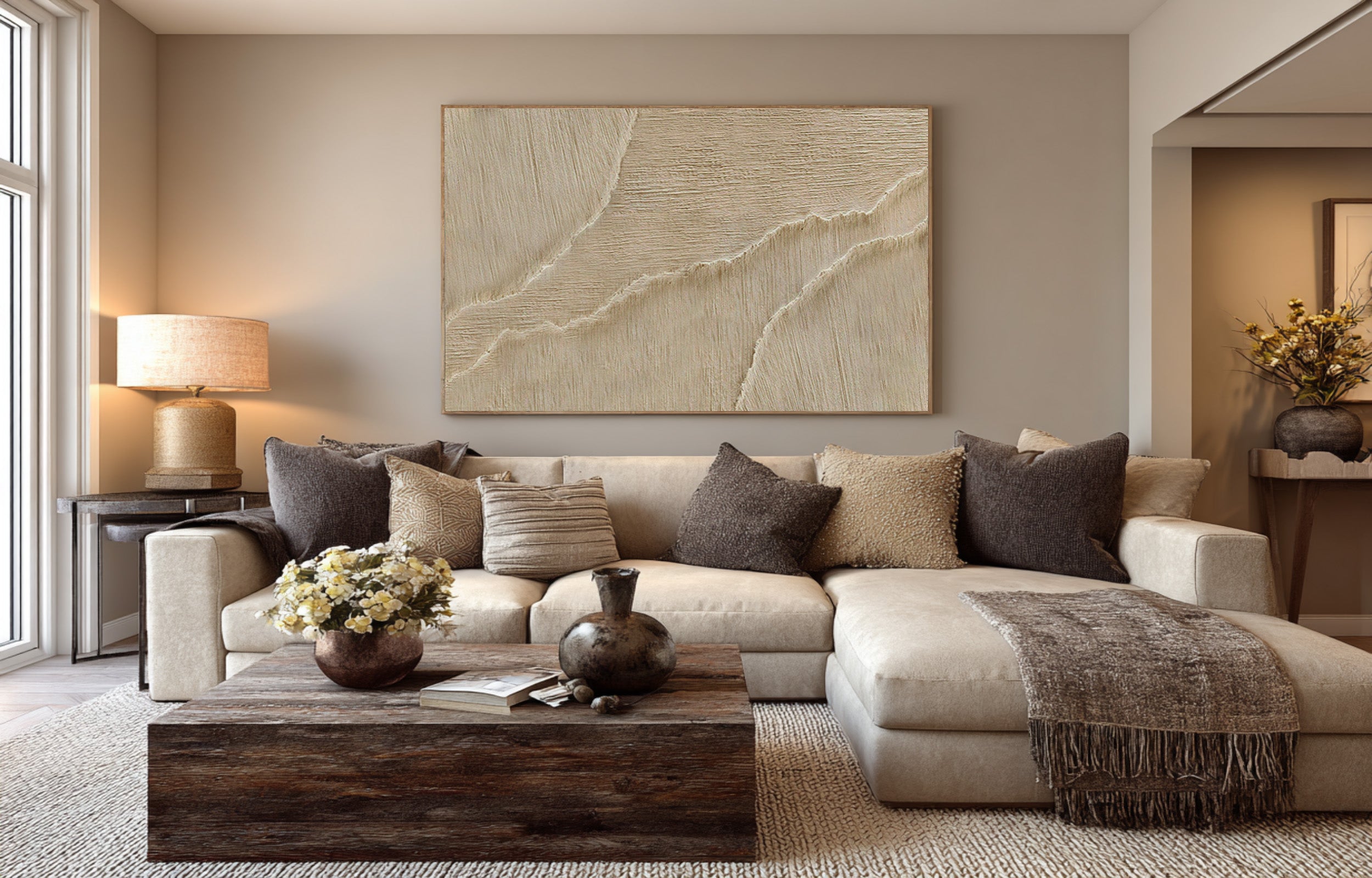 Minimalist Beige Impasto Painting - Ocean Ripple Canvas Art #AG 069