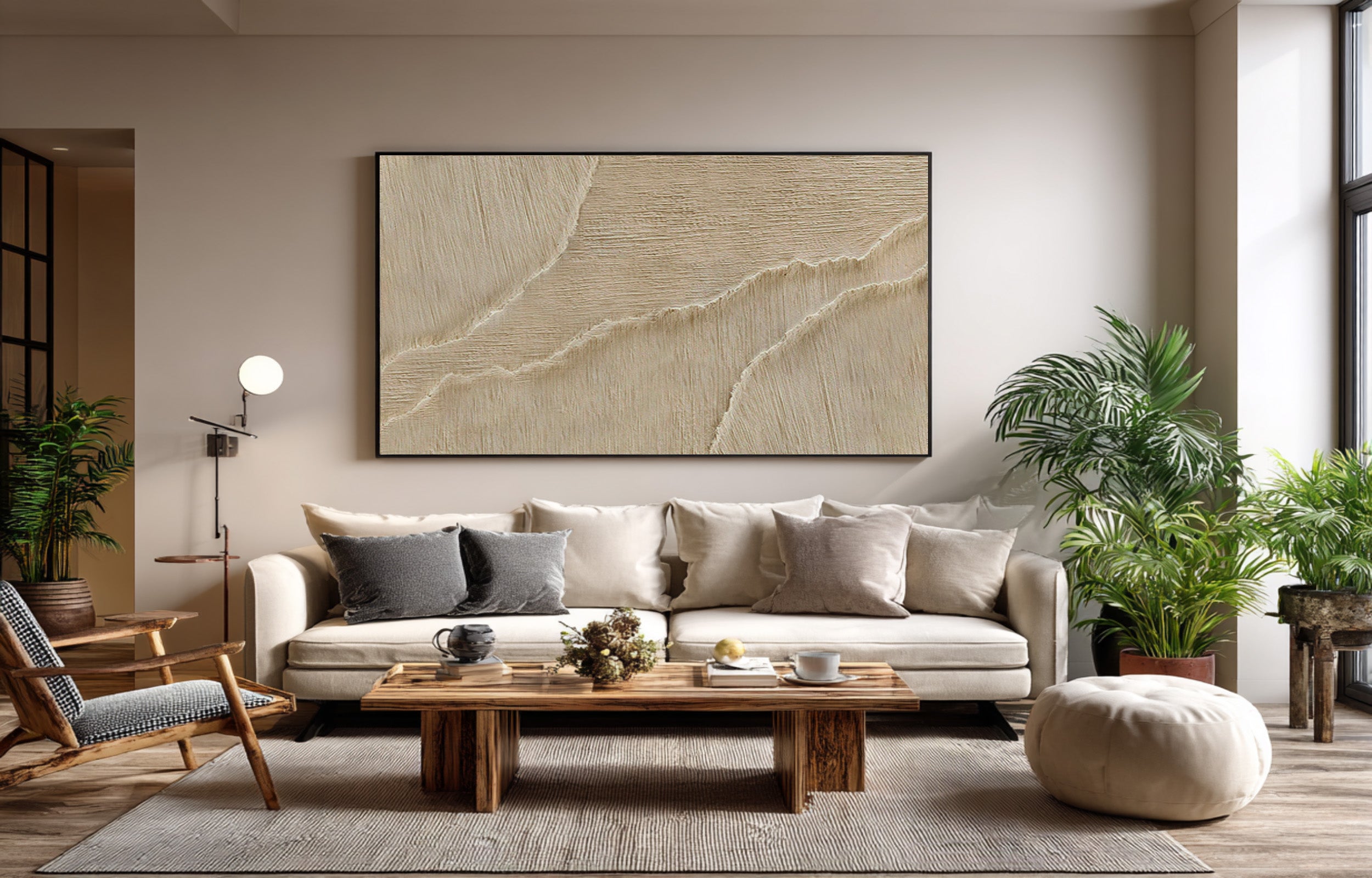 Minimalist Beige Impasto Painting - Ocean Ripple Canvas Art #AG 069