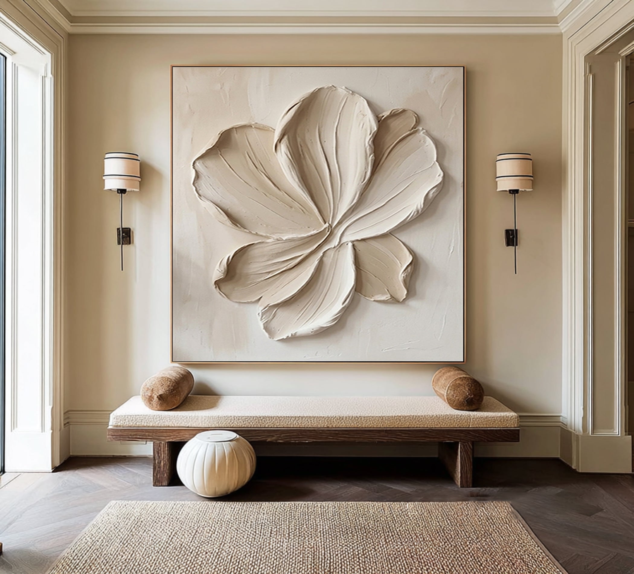 Large Cream Textured Flower Canvas Art Modern Wall Decor