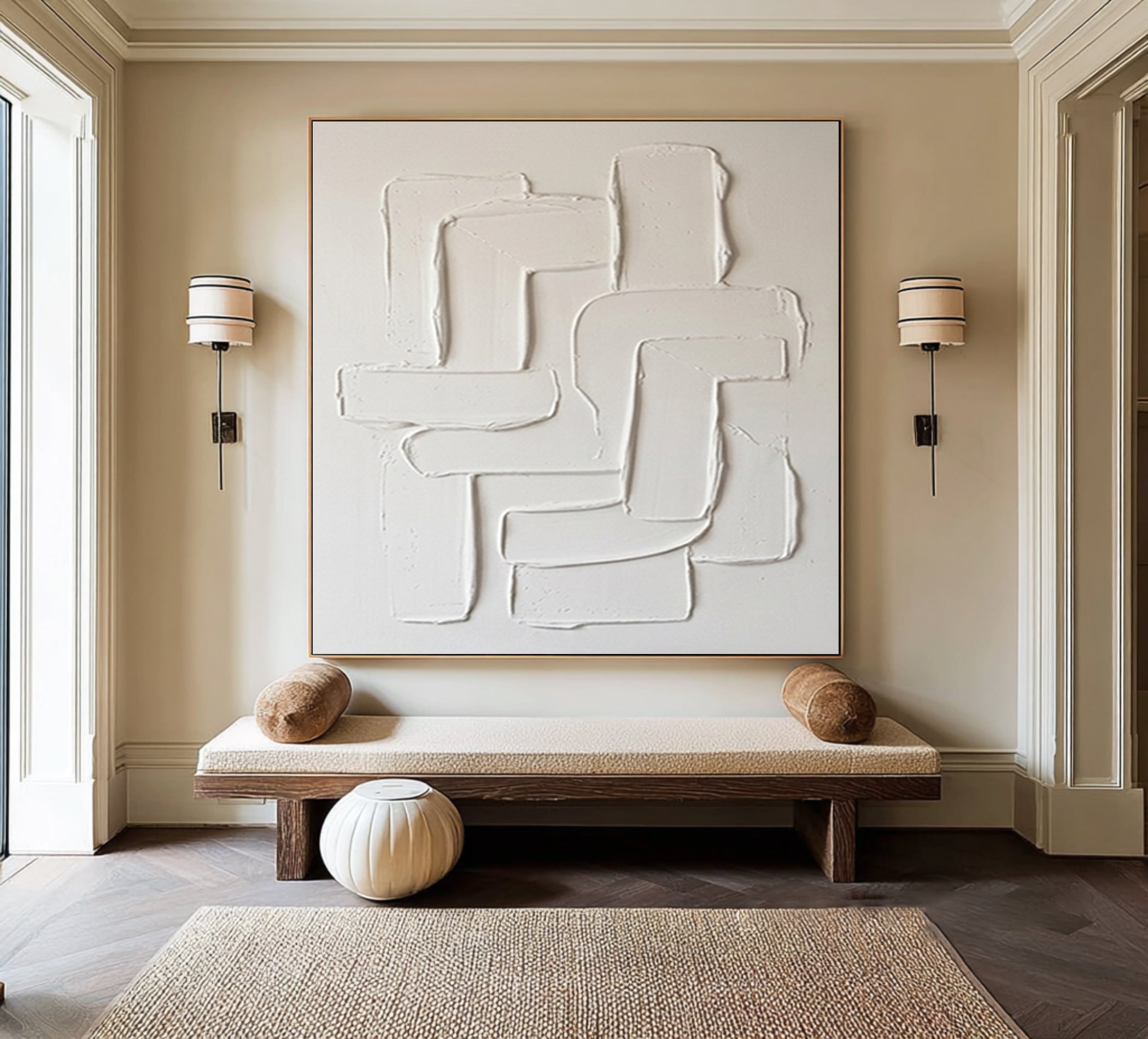 Large Neutral Sculptural Wall Art Hand Painted Curved Texture Canvas