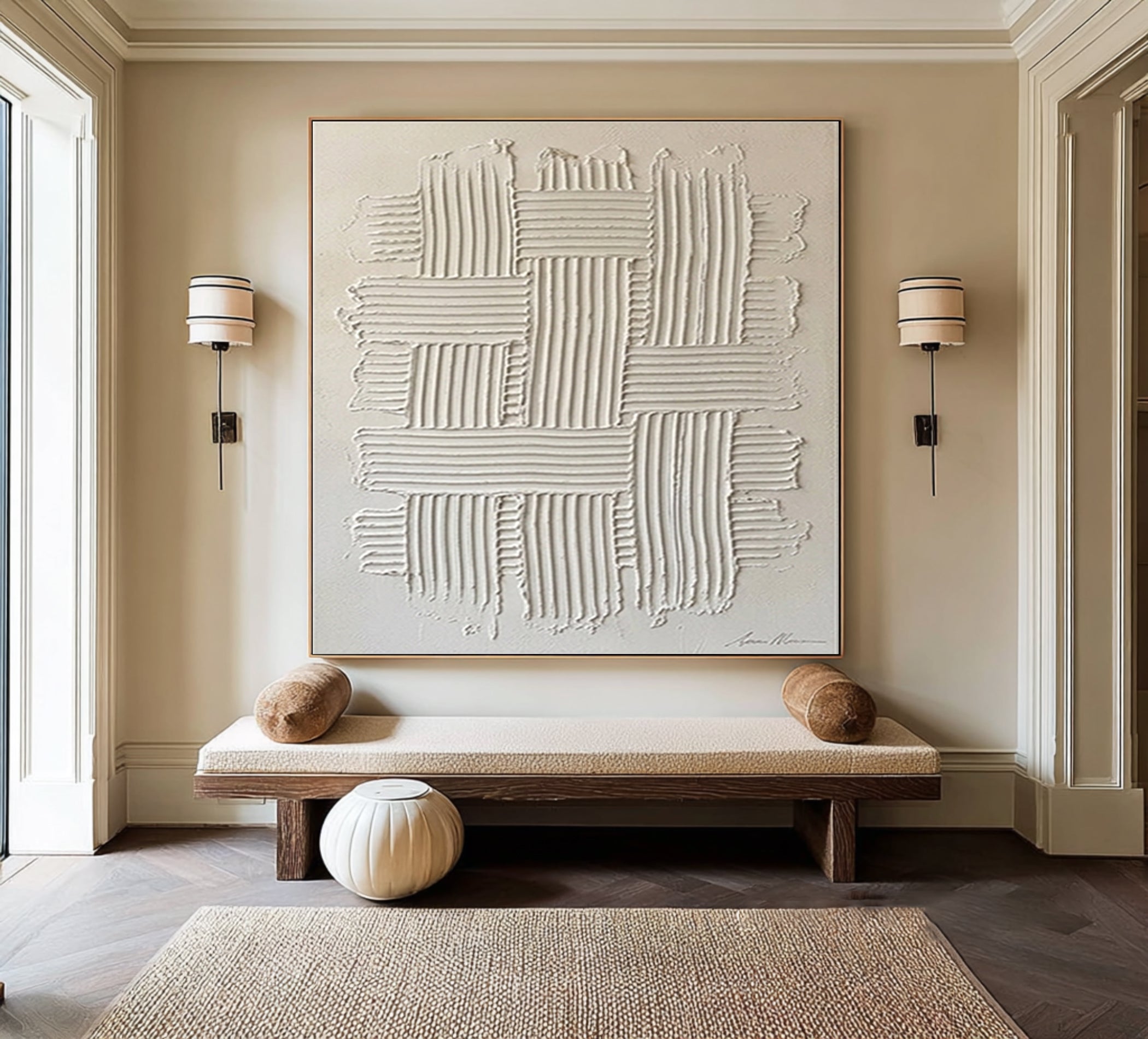 Large Modern Woven Wall Art Hand Painted Textured Neutral Canvas
