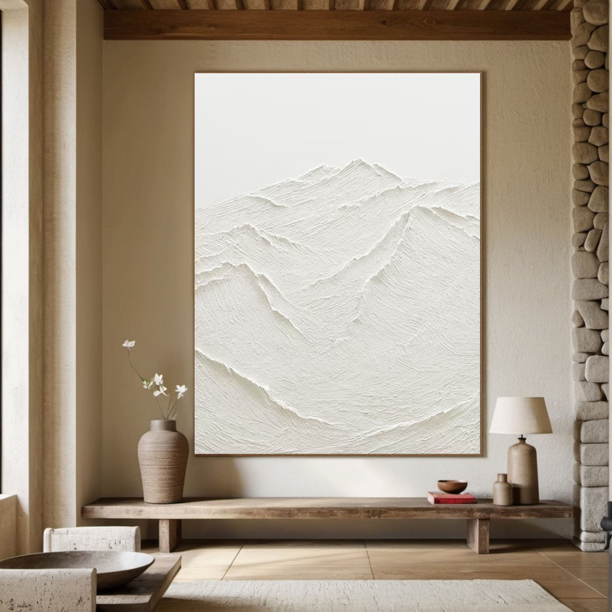 White Minimalist Mountain Painting Abstract Art