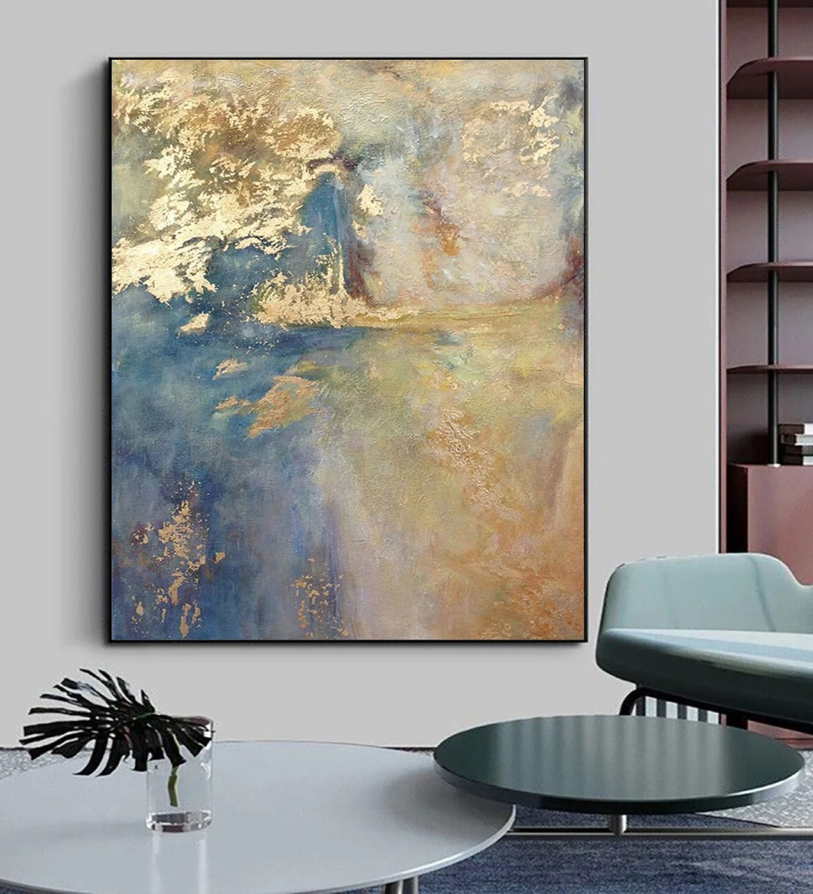 Dreamy Abstract Landscape Textured Blues and Gold Painting #MM226