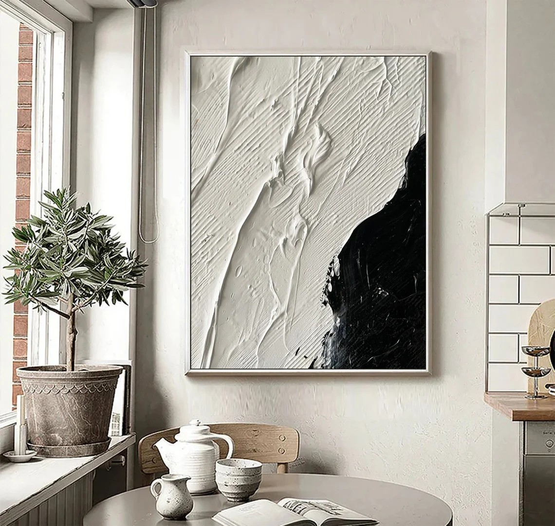 Minimalist Black and White Textured Abstract Oil Painting, Modern Wall Decor #MM378