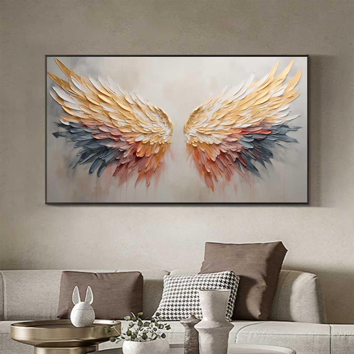 Textured Angel Wings Canvas Art, Modern Abstract Painting, Gold Accent Decor, Trending Design#MM385