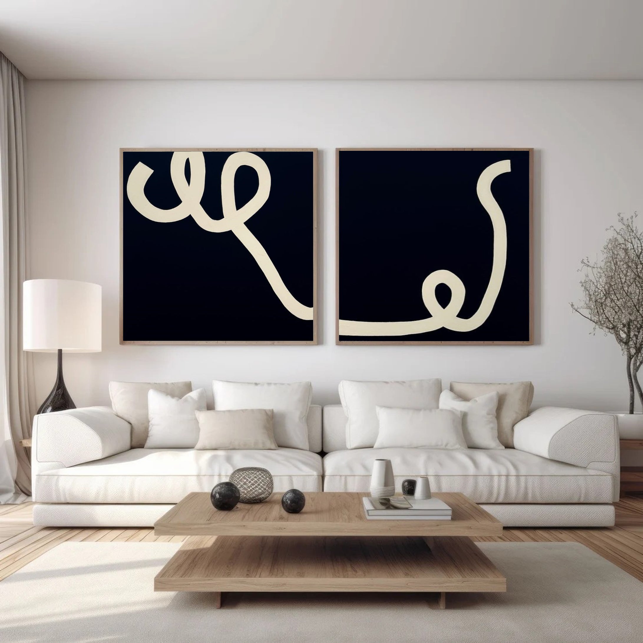 Modern Abstract Line Art Duo Minimalist Black and White Canvas #MMS012