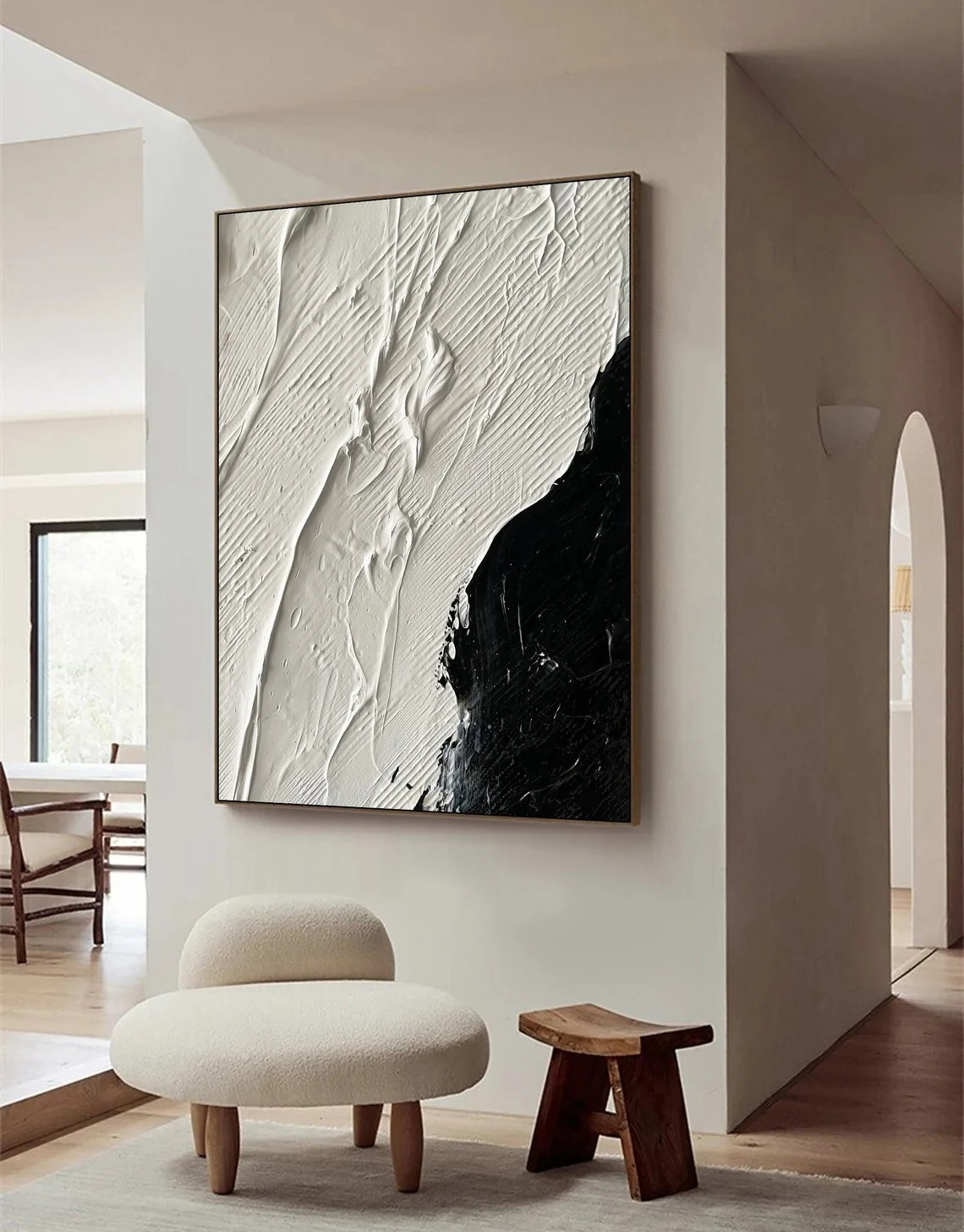 Minimalist Black and White Textured Abstract Oil Painting, Modern Wall Decor #MM378