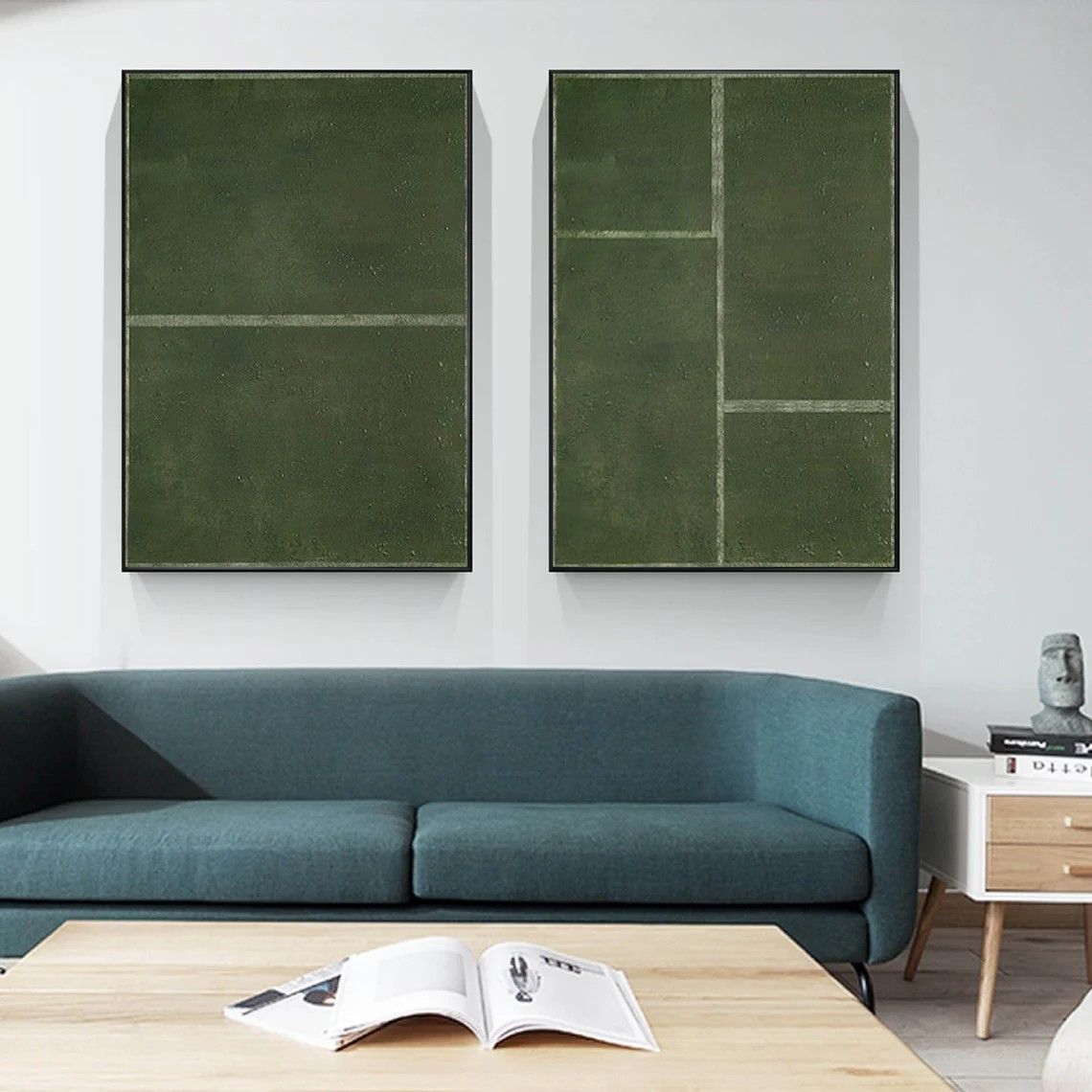 Green Minimalist Diptych Art with Geometric Lines #MM229