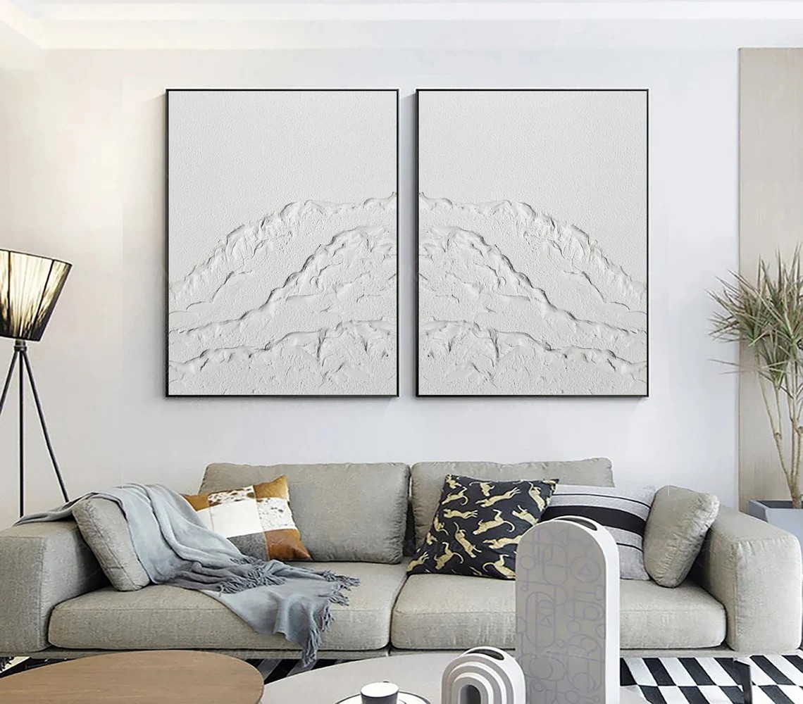 Textured White Mountainscape Oil Painting Set, Minimalist Modern Art, 3D Effect Decor#MM382