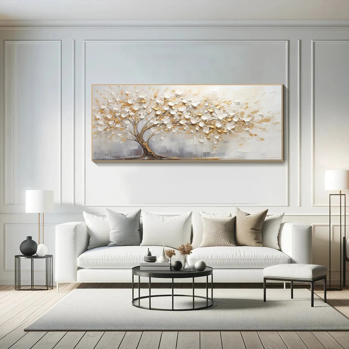 Golden Blossom Tree Oil Painting, Textured Floral Art, Modern Home Decor #MM377