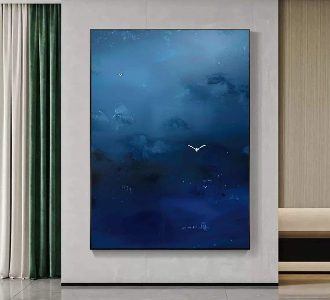 Misty Blue Tonalist Abstract Atmospheric Painting with Birds #MM245