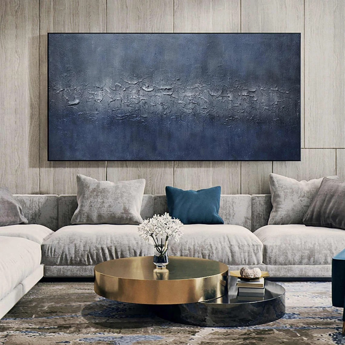 Textured Minimalist Abstract Deep Blue Modern Wall Art #MM227