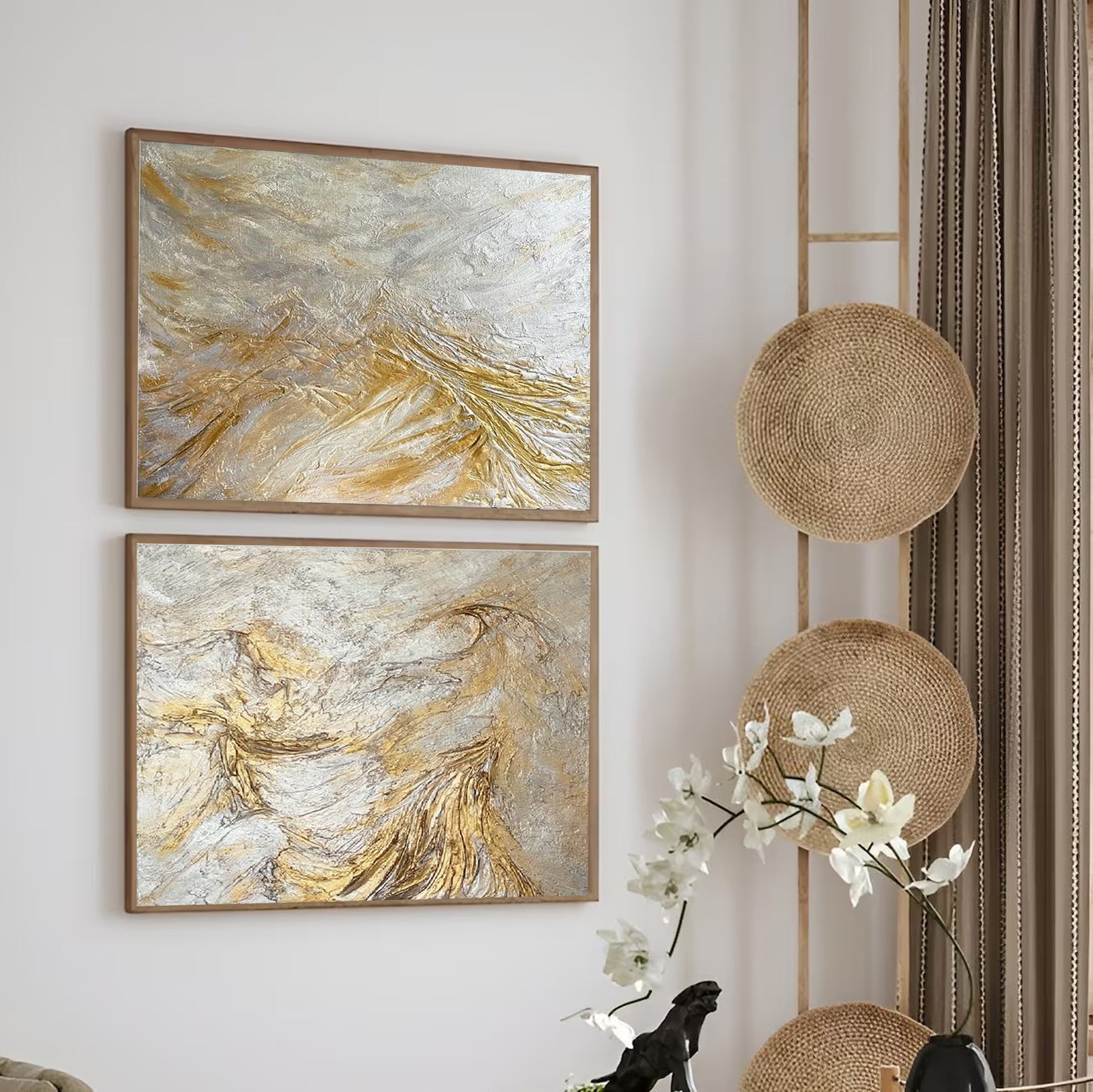 Gold and Gray Abstract Art Set Enhance Your Living Room Decor #ABS001