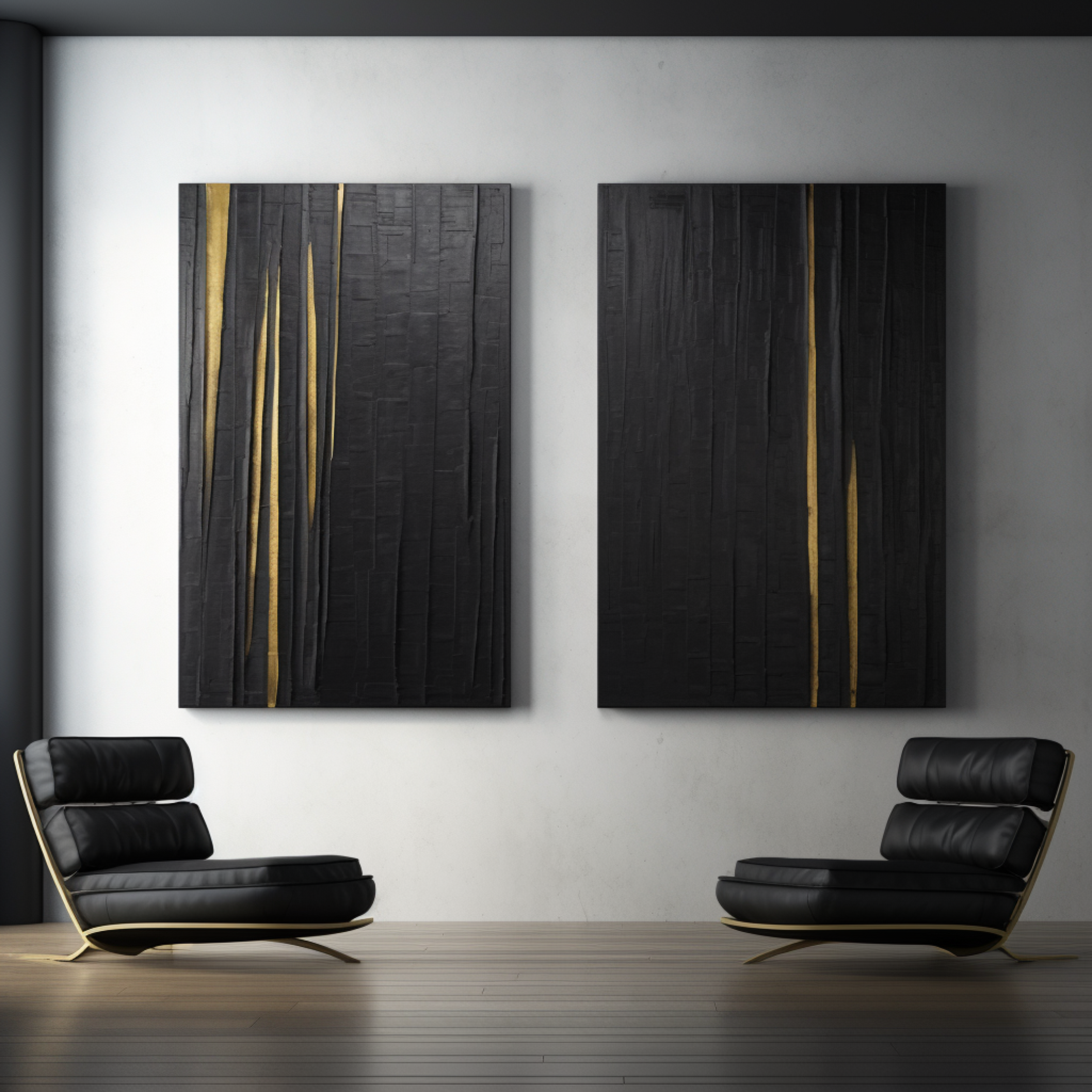 Noir Lumina: Textured Black Diptych with Gold Illumination #MM571