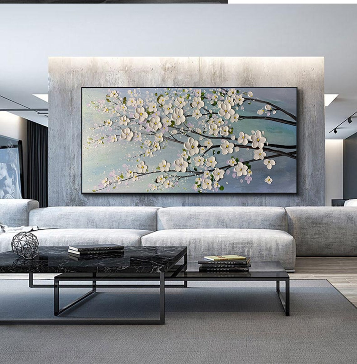 Textured White Blossom Tree Painting, Floral Modern Art, 3D Effect Canvas#MM391