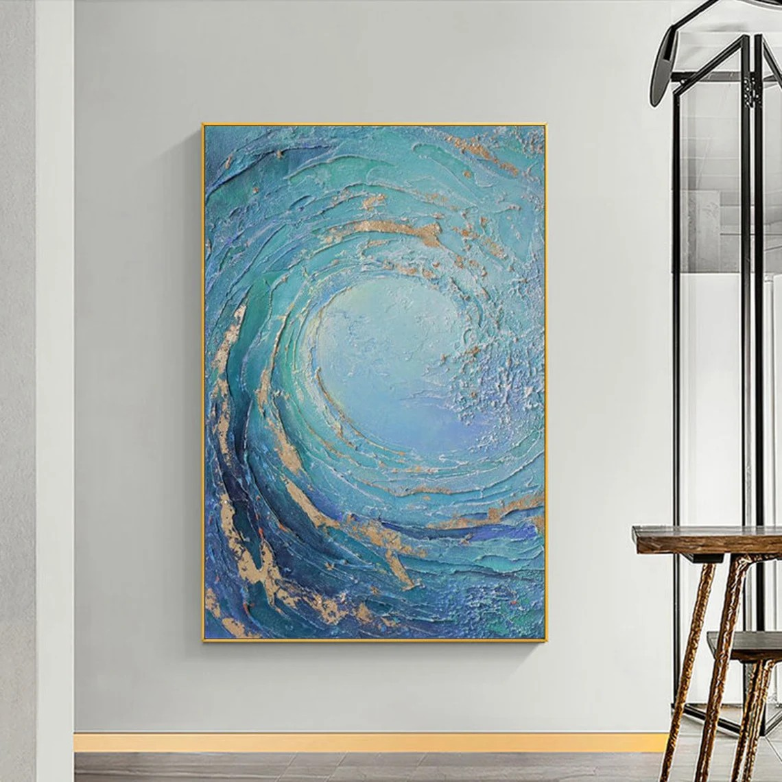 Abstract Ocean Wave Oil Painting, Gold Texture Art, Modern Decor #MM376