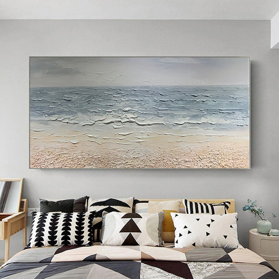 Textured Seascape Oil Painting, Minimalist Beach Art