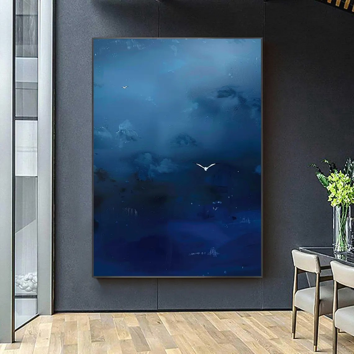 Misty Blue Tonalist Abstract Atmospheric Painting with Birds #MM245