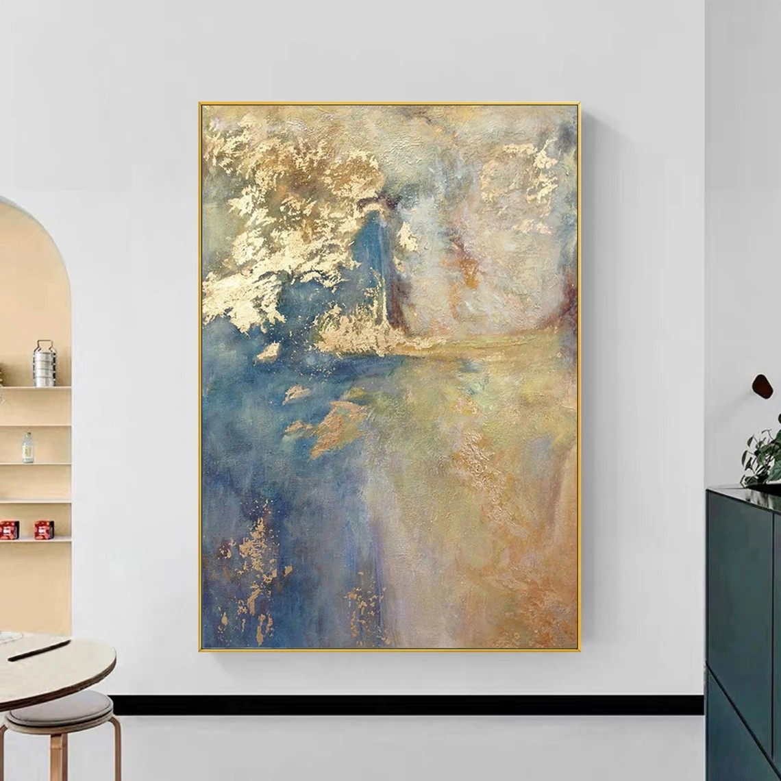 Dreamy Abstract Landscape Textured Blues and Gold Painting #MM226